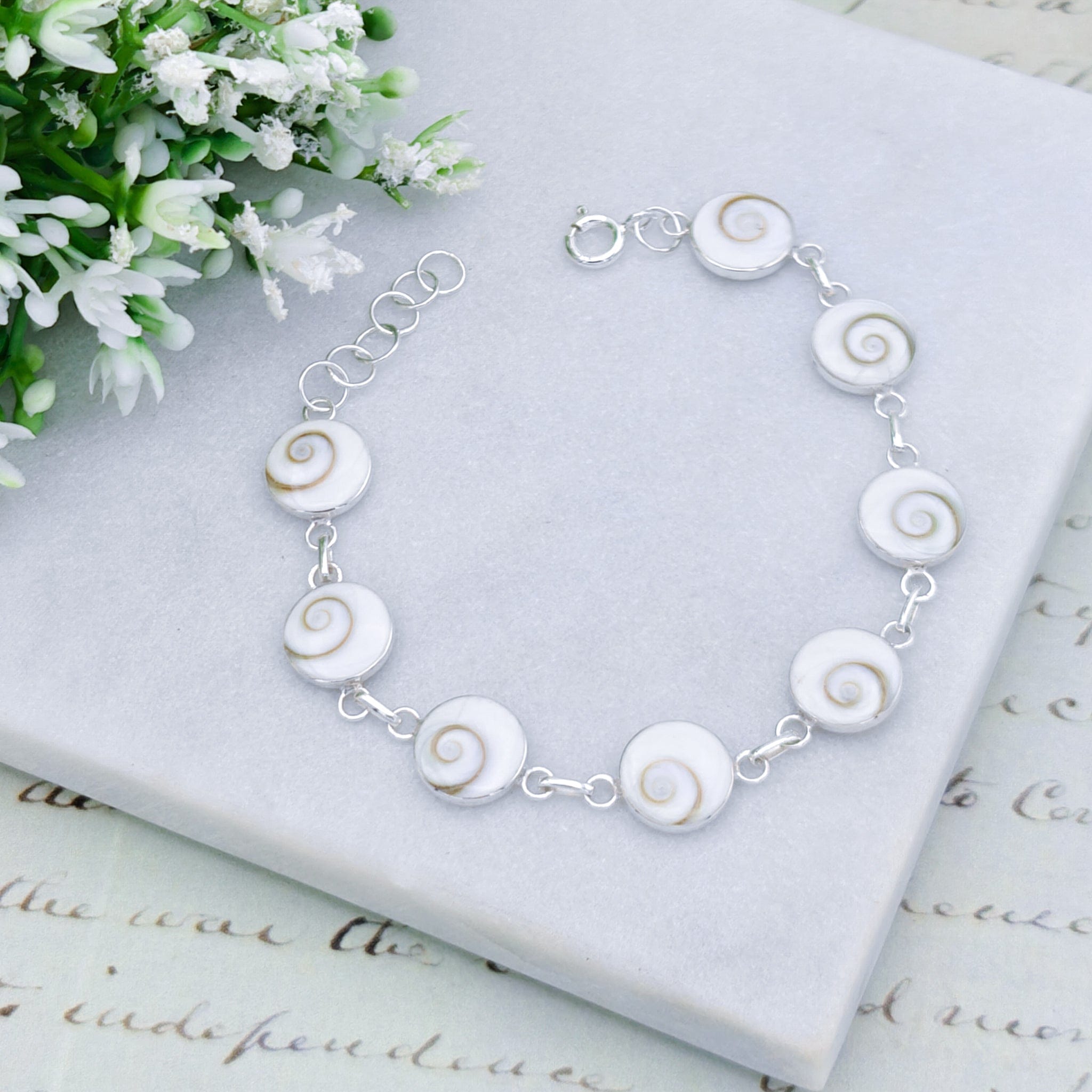 Hepburn and Hughes Shiva Eye Shell Bracelet | With 8 Stones, Reversible | Sterling silver