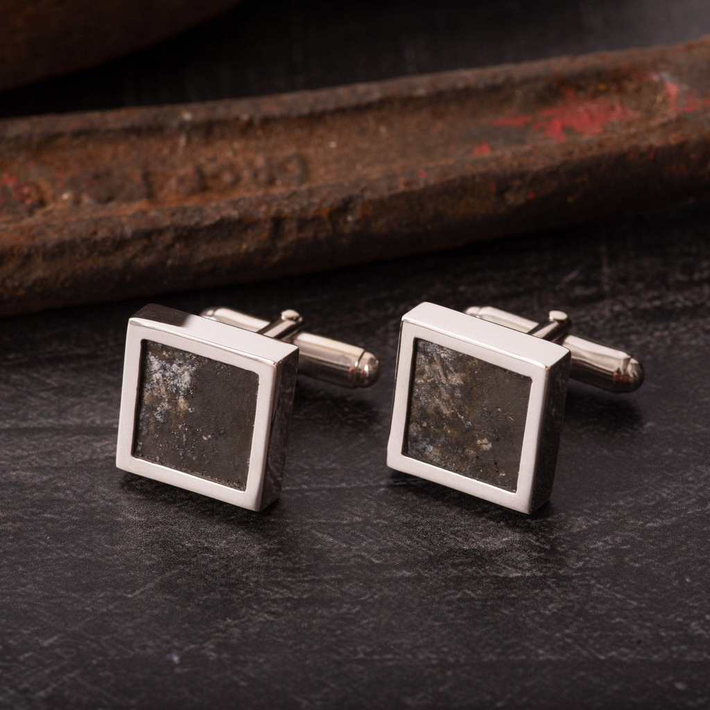Spitfire cufflinks, square cufflinks with real parts of Spitfire plane, with industrial metal in the background