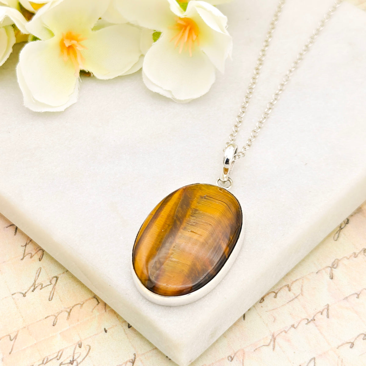 Hepburn and Hughes Tiger's Eye Gemstone Pendant | Oval | June Birthstone | Sterling Silver