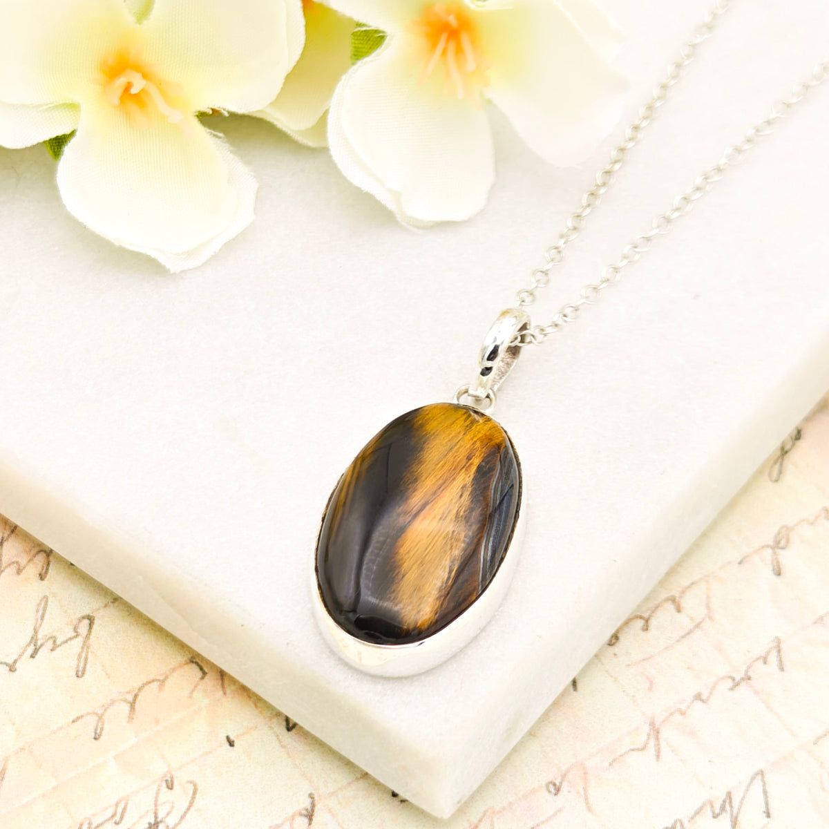 Hepburn and Hughes Tiger's Eye Gemstone Pendant | Oval | June Birthstone | Sterling Silver