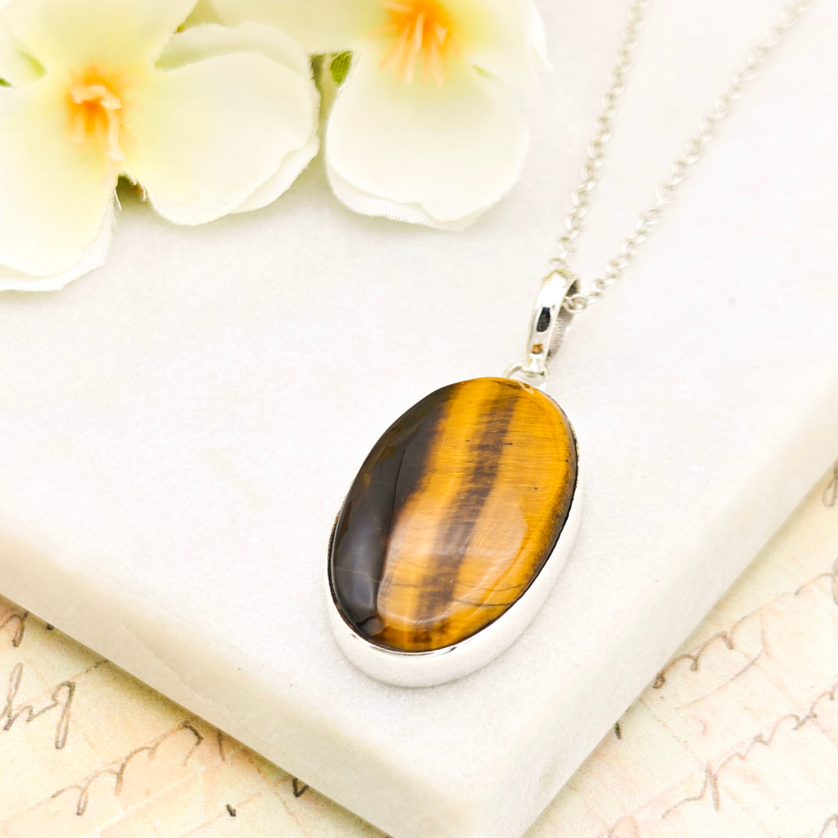 Hepburn and Hughes Tiger's Eye Gemstone Pendant | Oval | June Birthstone | Sterling Silver