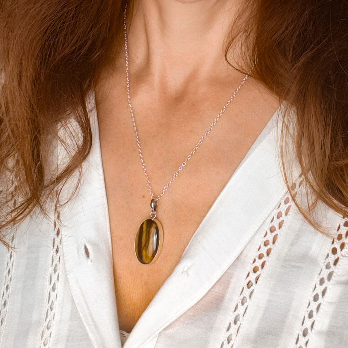Hepburn and Hughes Tiger's Eye Gemstone Pendant | Oval | June Birthstone | Sterling Silver