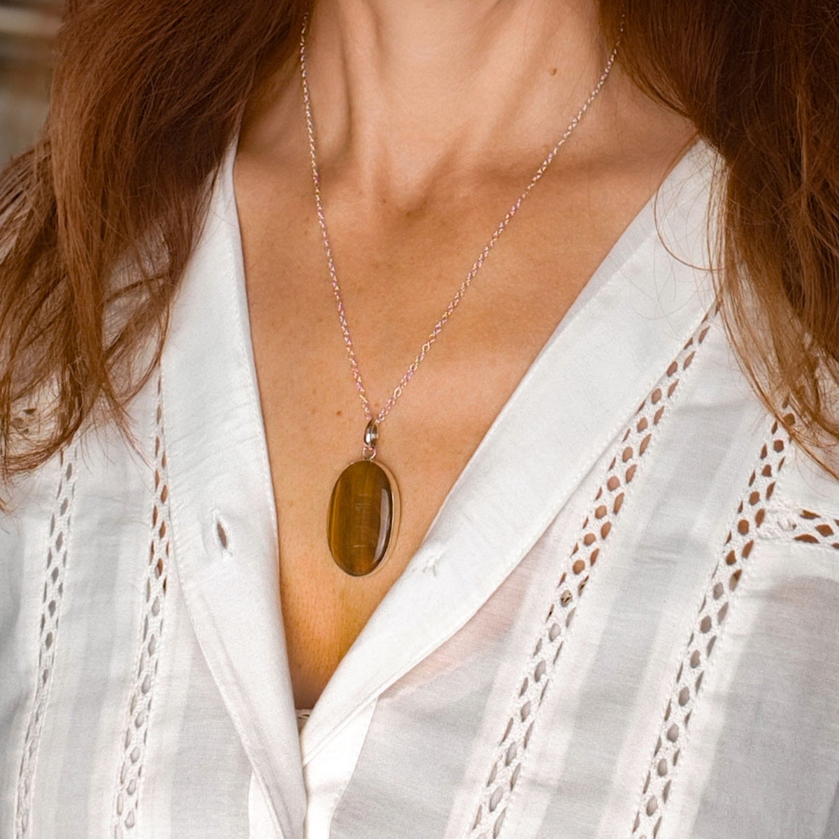 Hepburn and Hughes Tiger's Eye Gemstone Pendant | Oval | June Birthstone | Sterling Silver