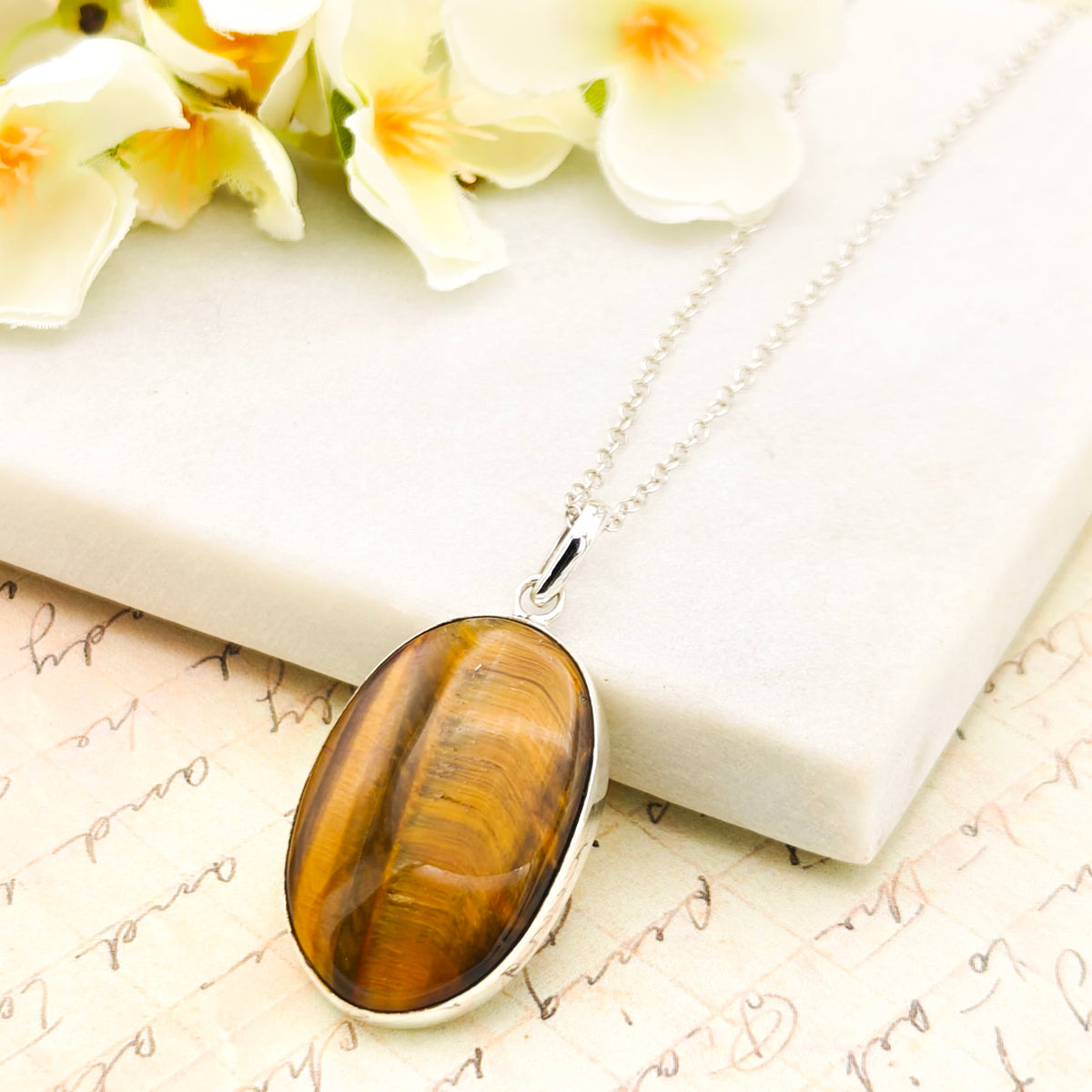 Hepburn and Hughes Tiger's Eye Gemstone Pendant | Oval | June Birthstone | Sterling Silver