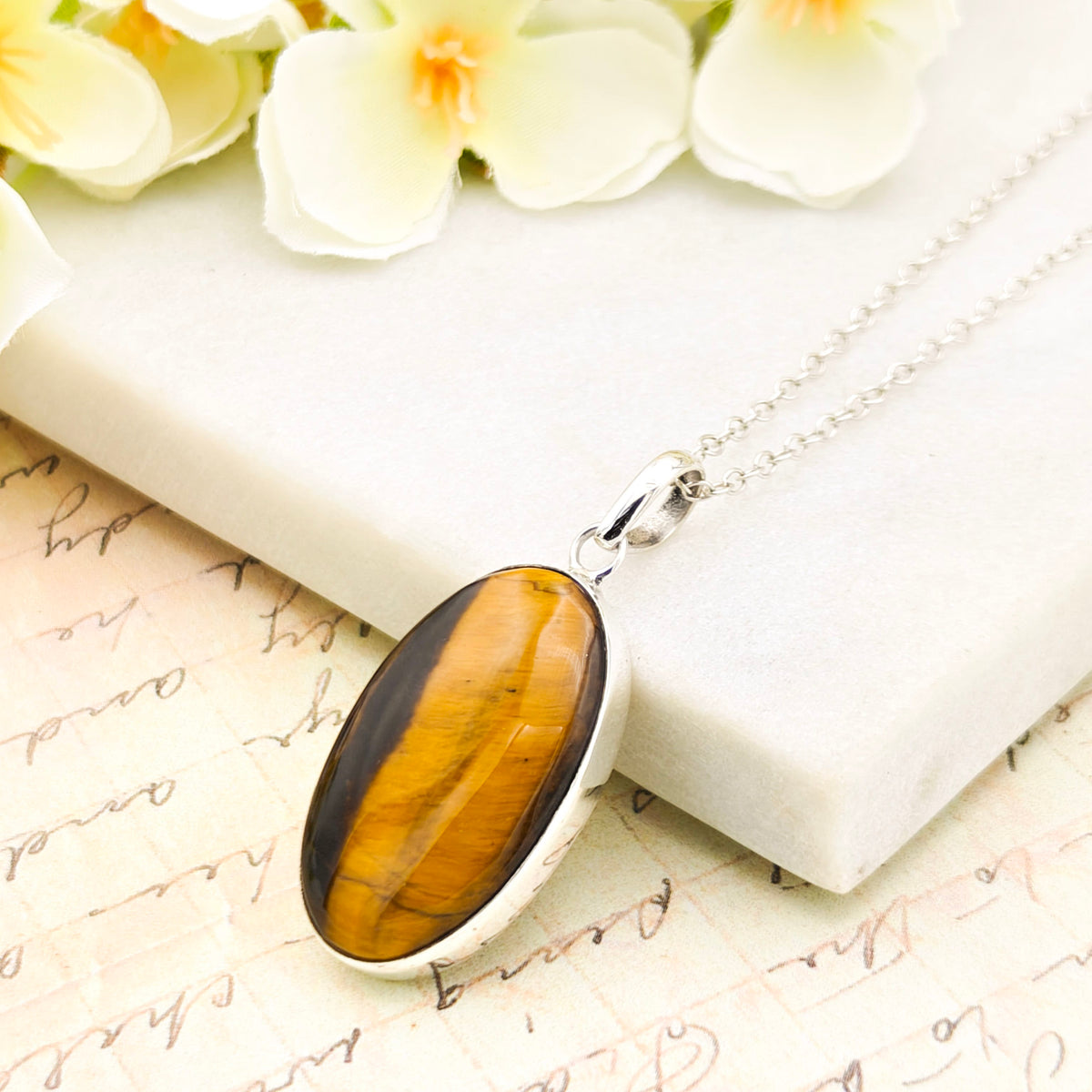 Hepburn and Hughes Tiger's Eye Gemstone Pendant | Oval | June Birthstone | Sterling Silver