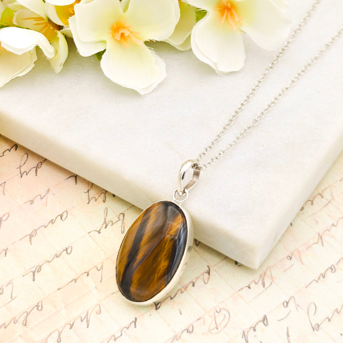 Hepburn and Hughes Tiger's Eye Gemstone Pendant | Oval | June Birthstone | Sterling Silver