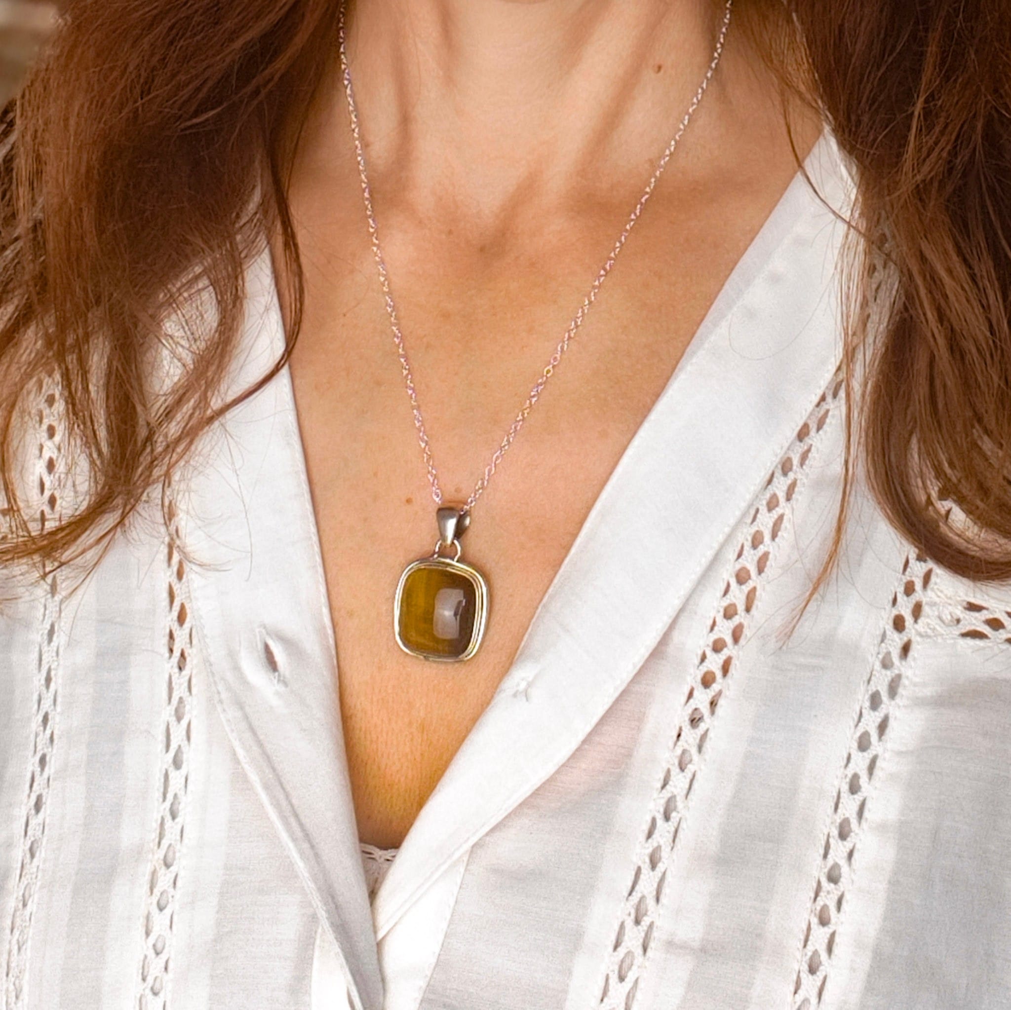 Hepburn and Hughes Tiger's Eye Necklace | 22mm Square | June Birthday | Sterling Silver