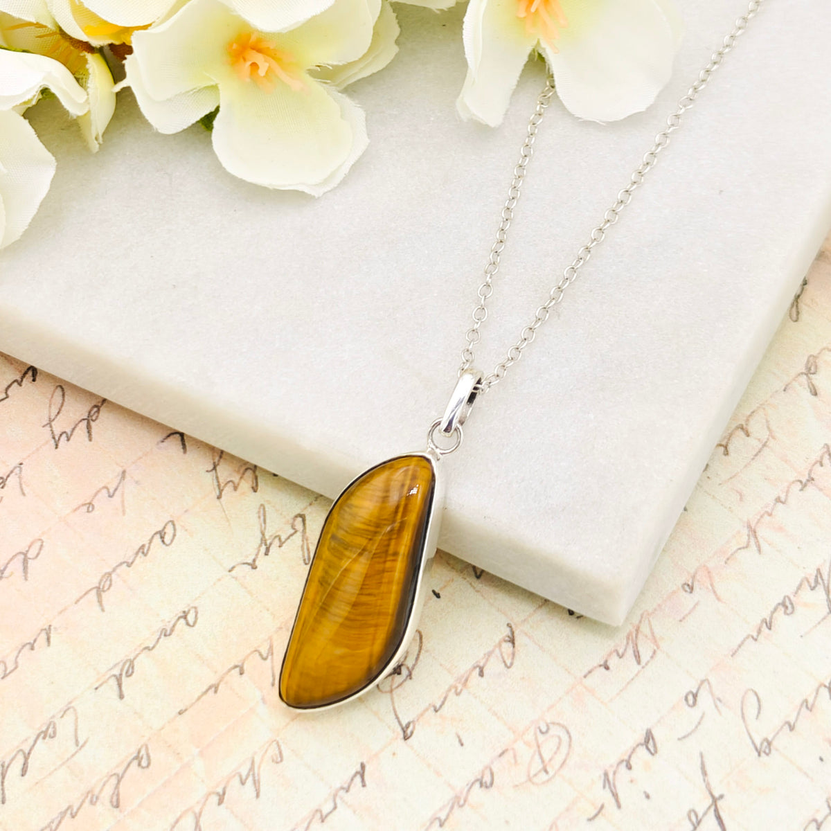 Hepburn and Hughes Tiger's Eye Necklace | Abstract Pendant |18th Anniversary Gift | Sterling Silver