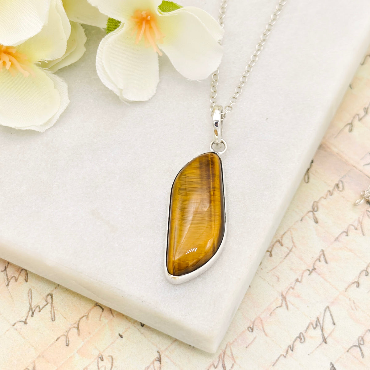 Hepburn and Hughes Tiger's Eye Necklace | Abstract Pendant |18th Anniversary Gift | Sterling Silver