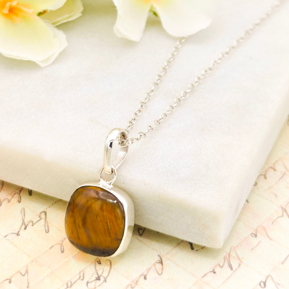 Hepburn and Hughes Tiger's Eye Pendant | 9th or 18th anniversary gift | 14mm square | Sterling Silver