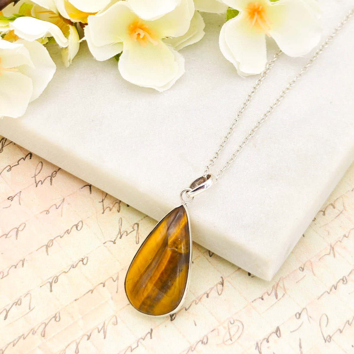 Hepburn and Hughes Tiger's Eye Pendant in Sterling Silver | 18th anniversary Gift and June Birthstone