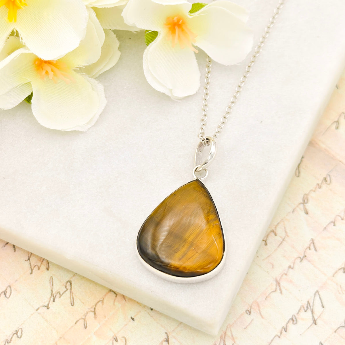 Hepburn and Hughes Tiger's Eye Pendant in Sterling Silver | 18th anniversary Gift and June Birthstone