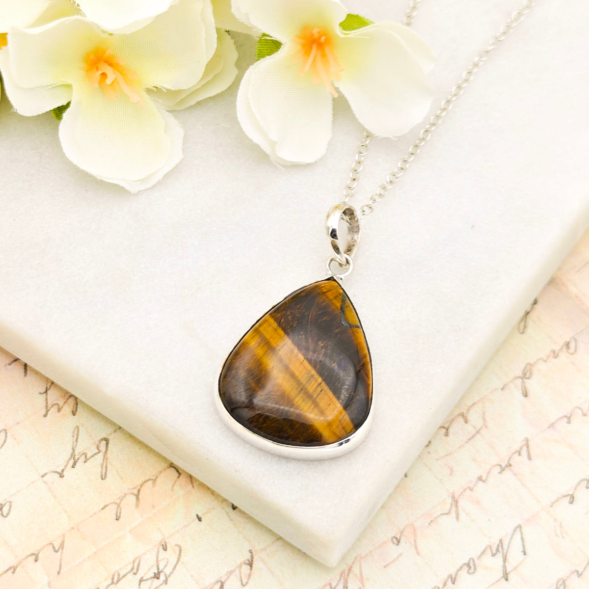 Hepburn and Hughes Tiger's Eye Pendant in Sterling Silver | 18th anniversary Gift and June Birthstone