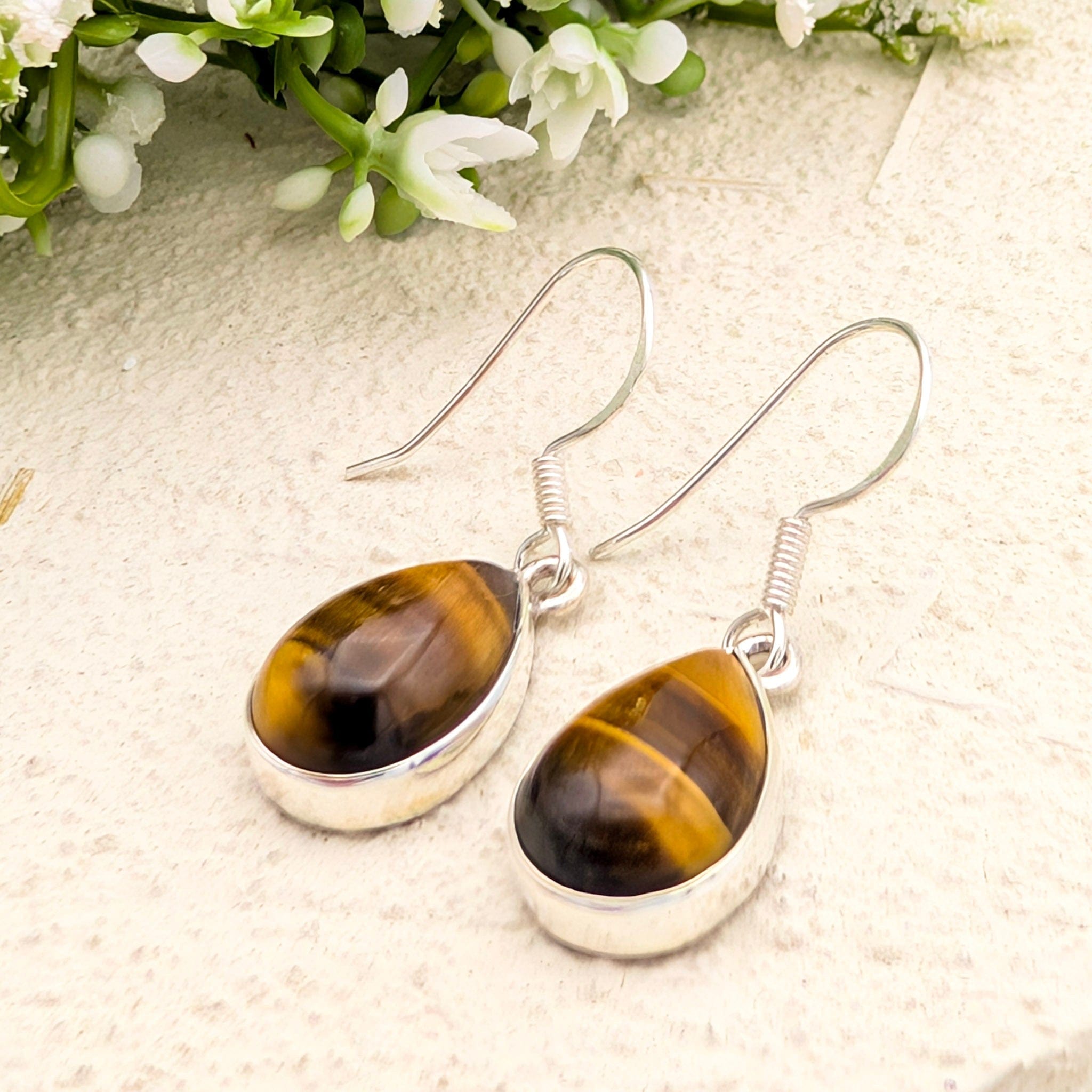 Hepburn and Hughes Tigers Eye Earrings | 15mm Teardrop | Sterling Silver