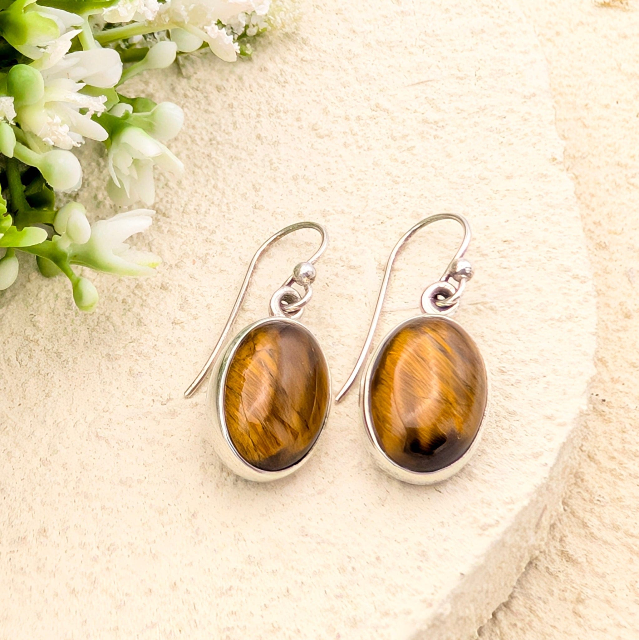 Hepburn and Hughes Tigers Eye Earrings | Small pointed oval | Sterling Silver