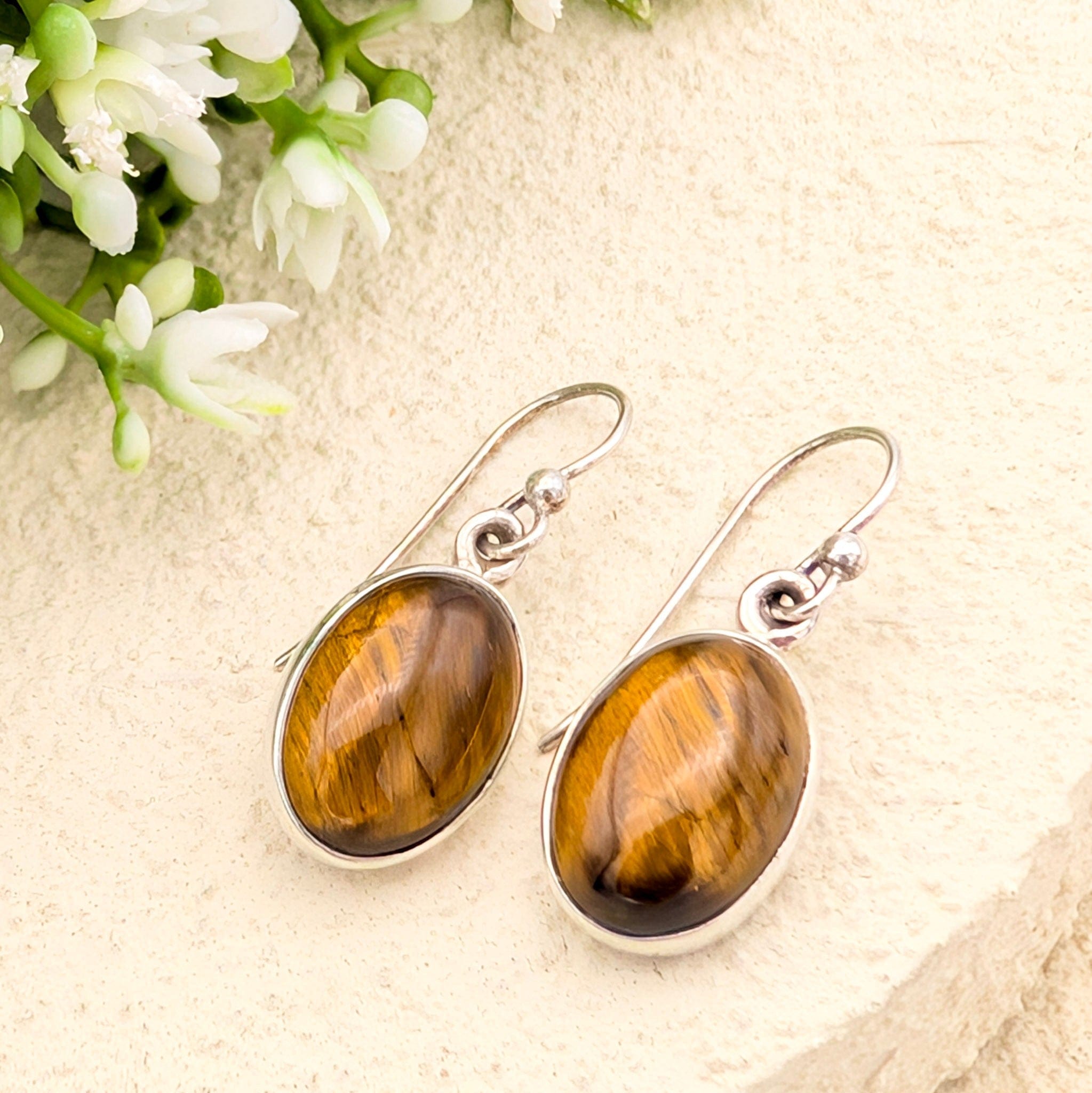Hepburn and Hughes Tigers Eye Earrings | Small pointed oval | Sterling Silver