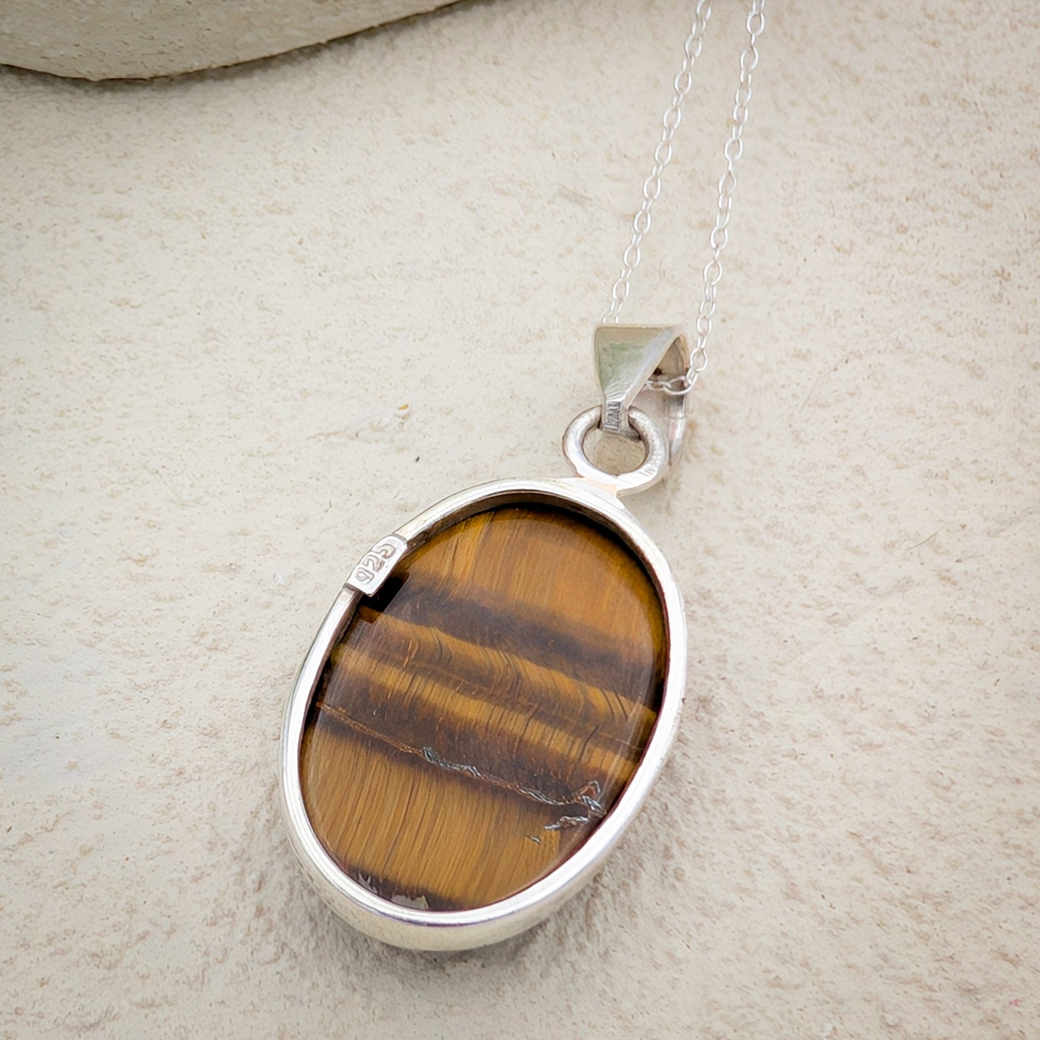 Hepburn and Hughes Tigers Eye Gemstone Pendant | Oval | June Birthstone | Sterling Silver