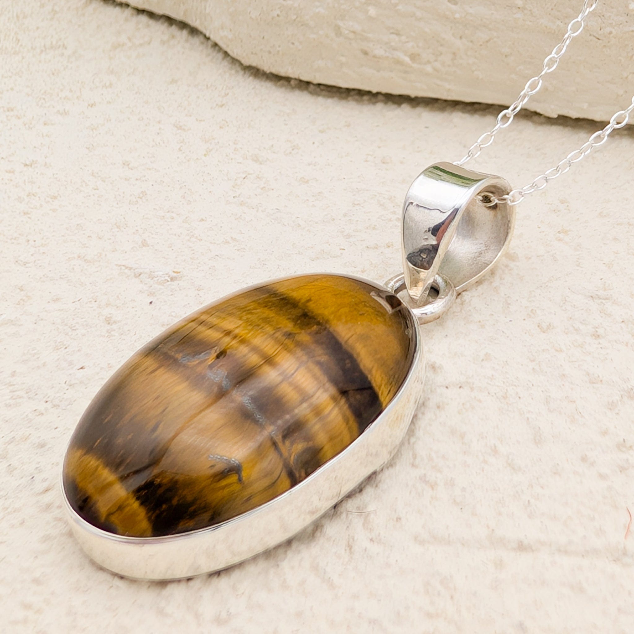 Hepburn and Hughes Tigers Eye Gemstone Pendant | Oval | June Birthstone | Sterling Silver