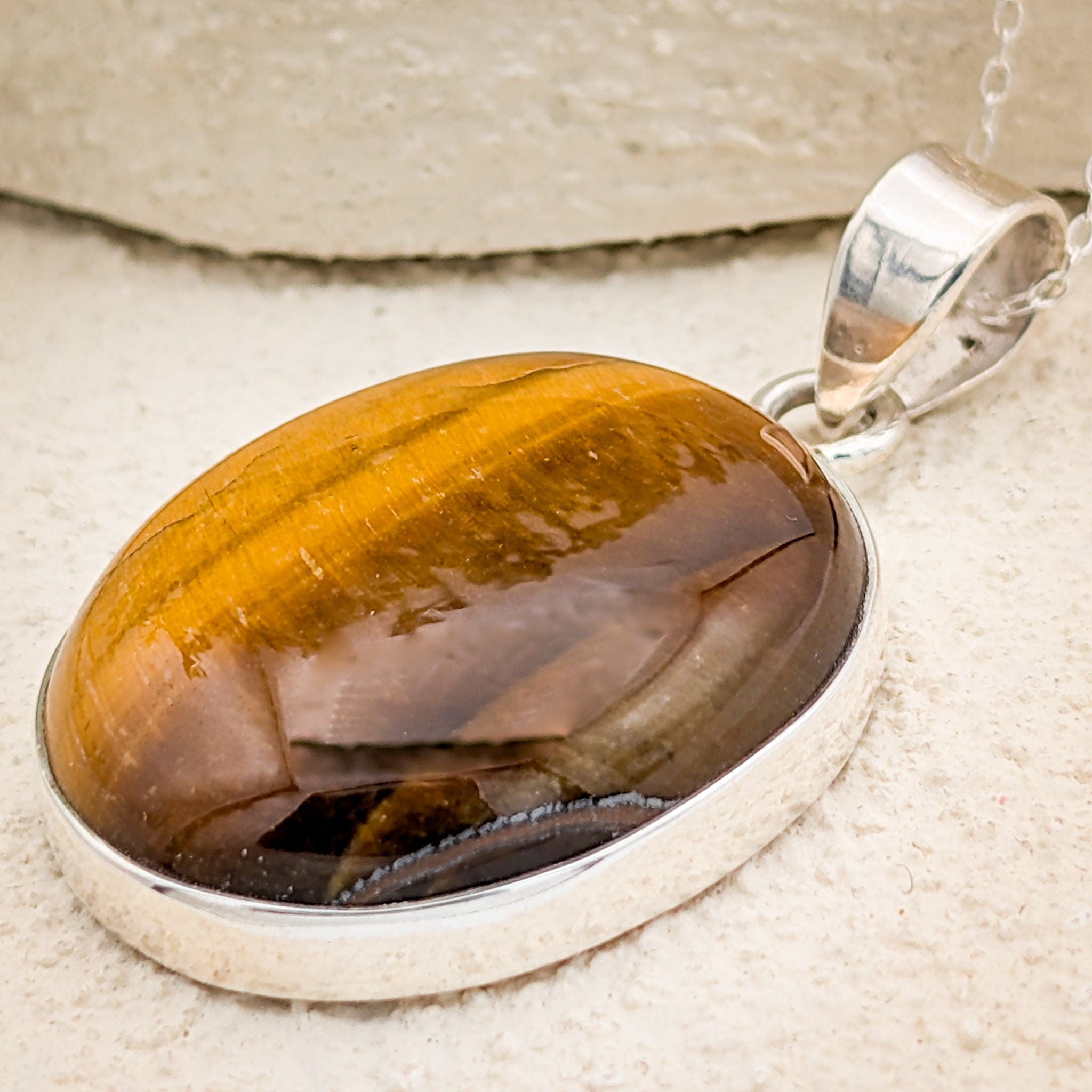 Hepburn and Hughes Tigers Eye Gemstone Pendant | Oval | June Birthstone | Sterling Silver