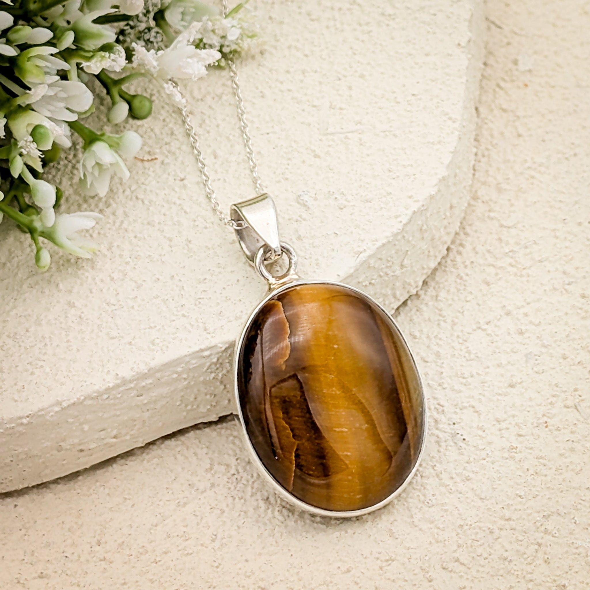 Hepburn and Hughes Tigers Eye Gemstone Pendant | Oval | June Birthstone | Sterling Silver