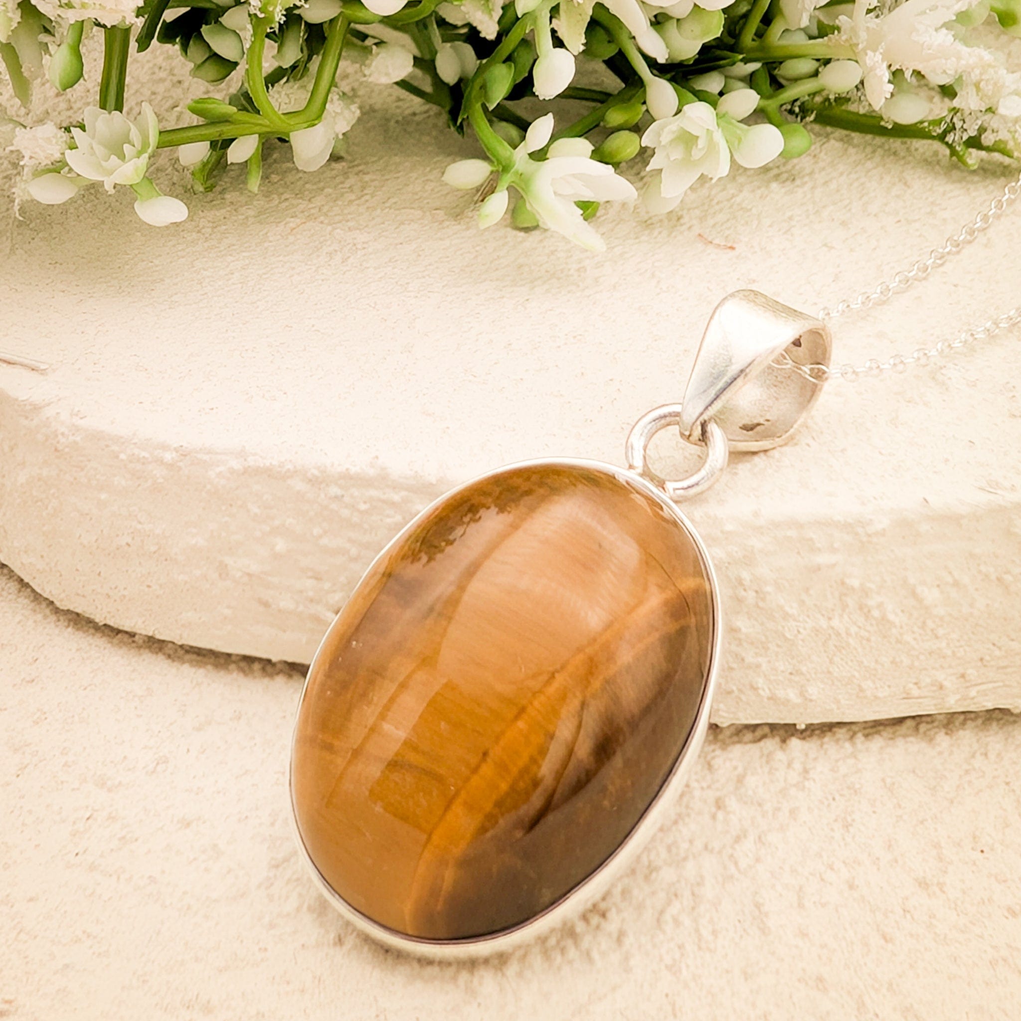Hepburn and Hughes Tigers Eye Gemstone Pendant | Oval | June Birthstone | Sterling Silver