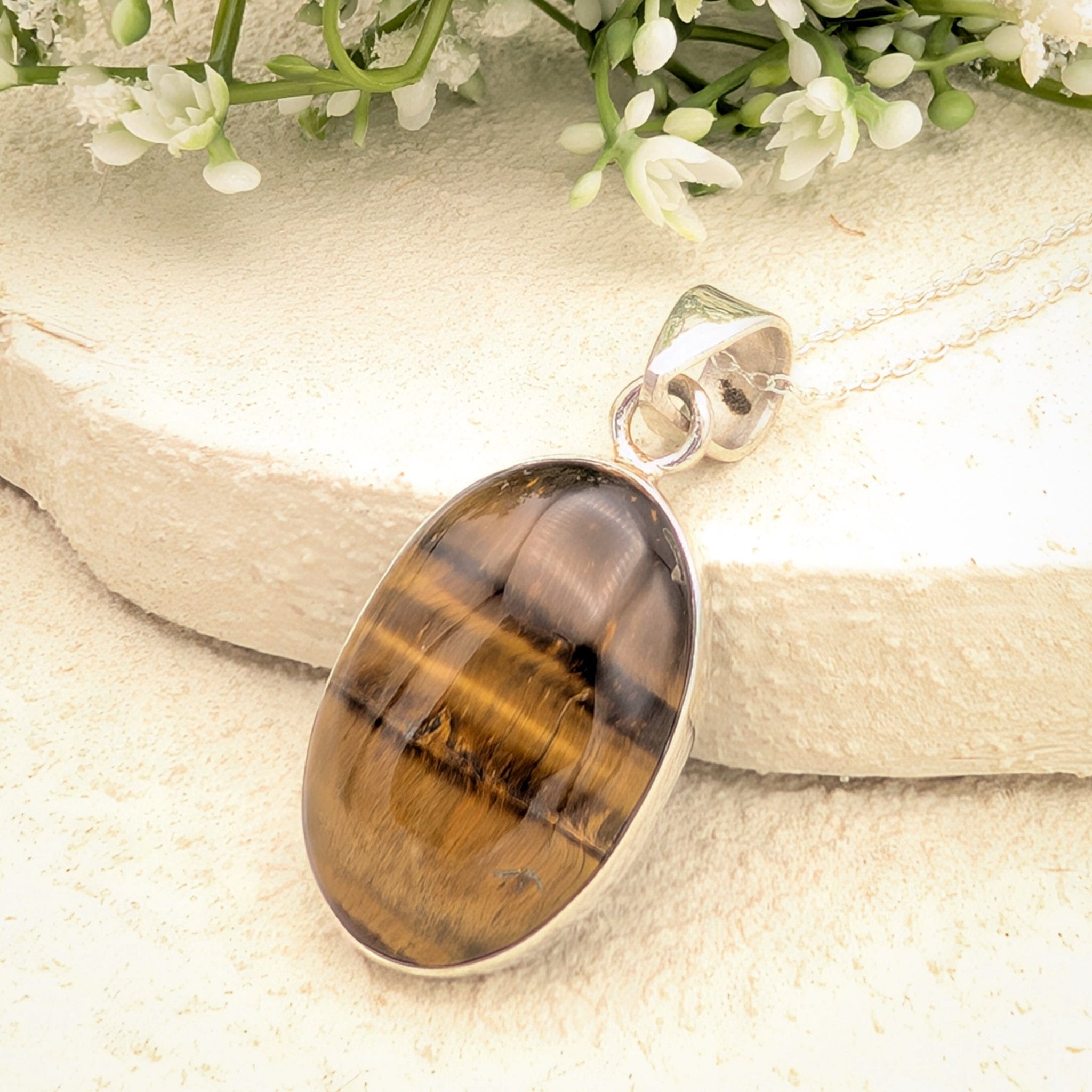 Hepburn and Hughes Tigers Eye Gemstone Pendant | Oval | June Birthstone | Sterling Silver