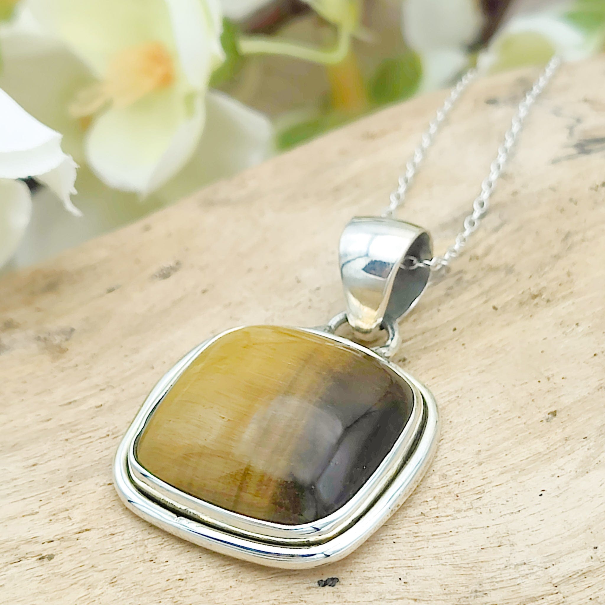 Hepburn and Hughes Tigers Eye Necklace | 22mm Square | June Birthday | Sterling Silver