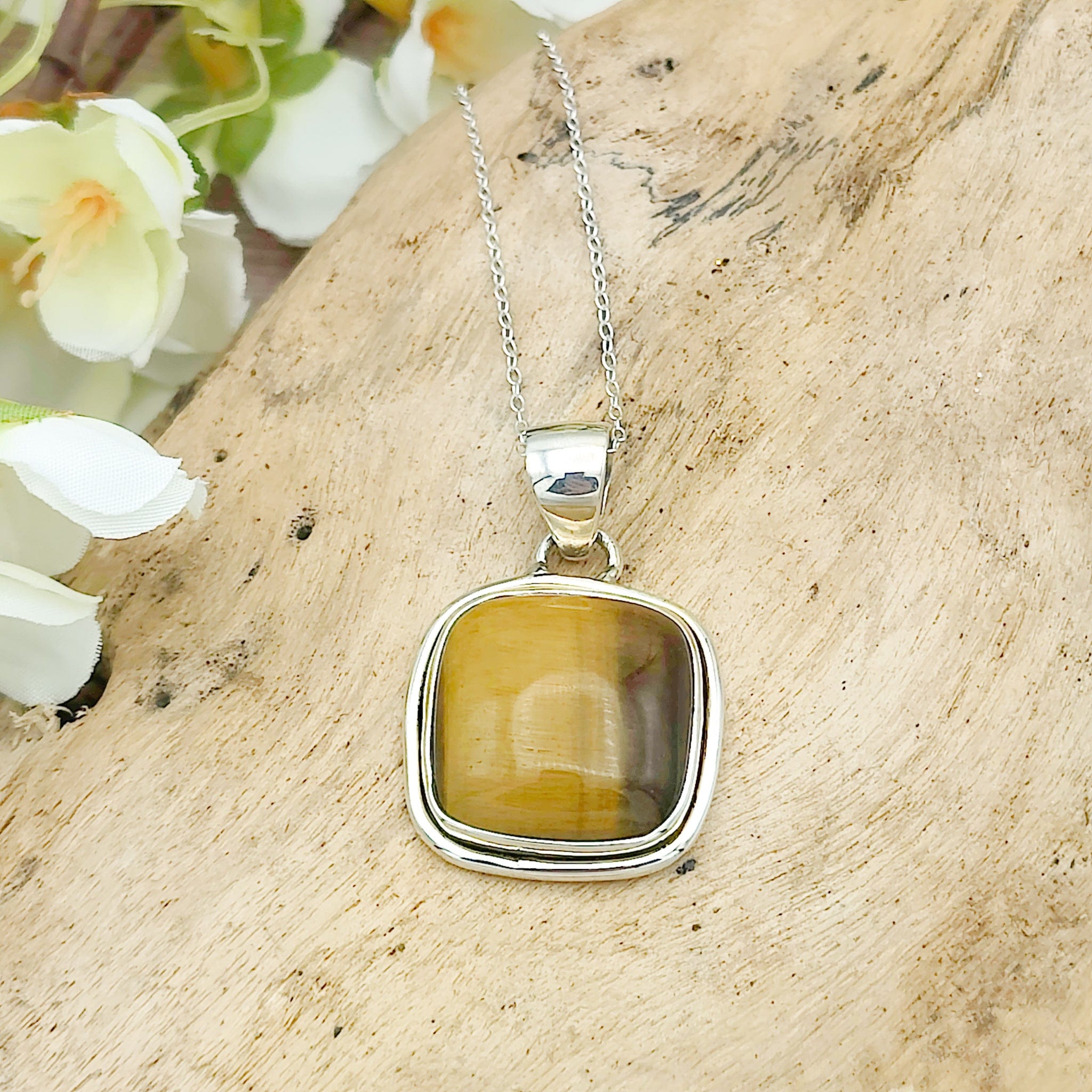 Hepburn and Hughes Tigers Eye Necklace | 22mm Square | June Birthday | Sterling Silver