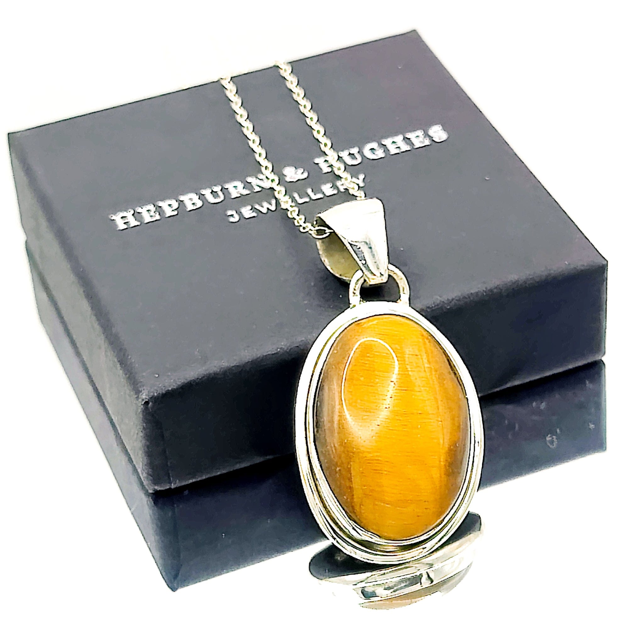 Hepburn and Hughes Tigers Eye Necklace | 27mm Oval Pendant | 3rd Anniversary Gift | Sterling Silver