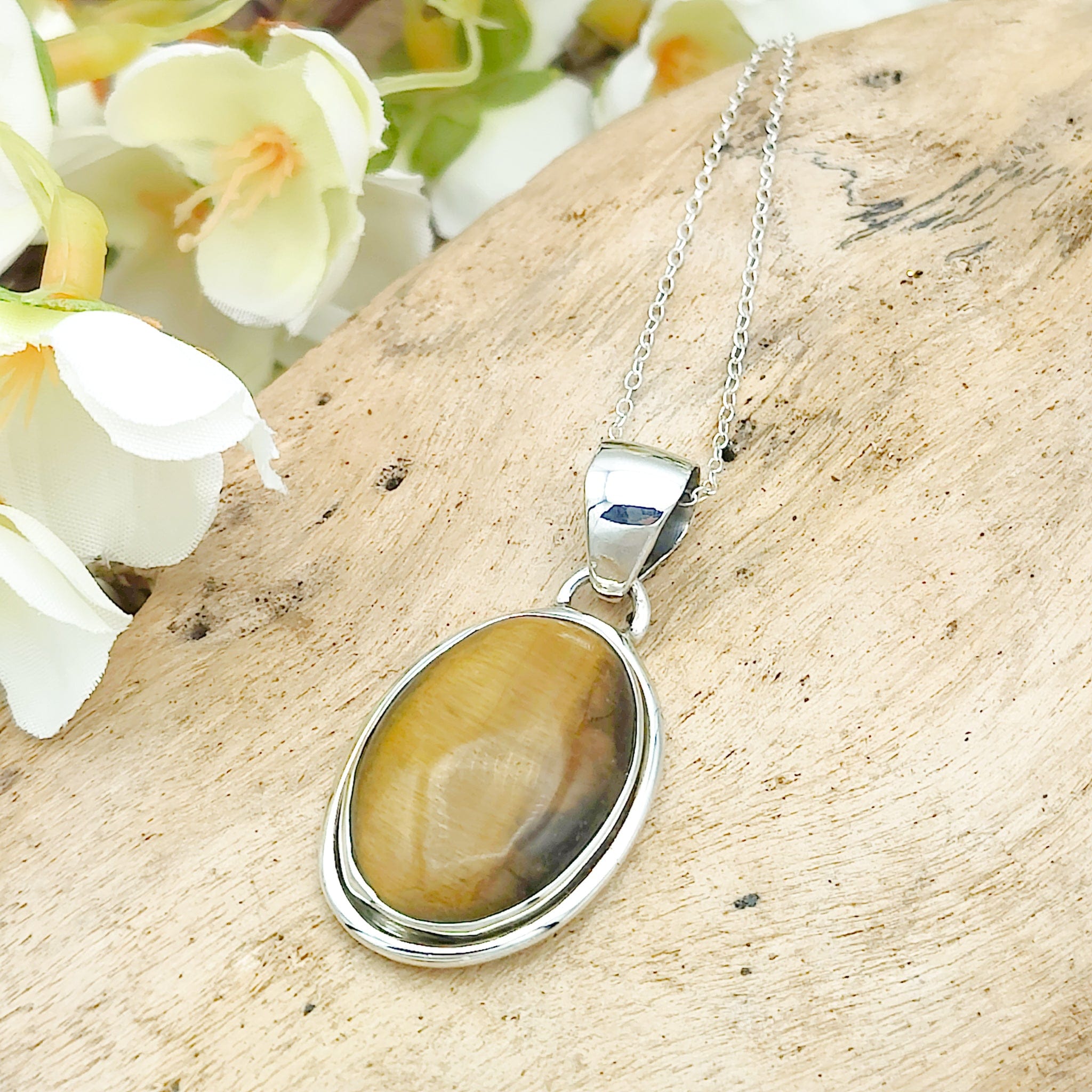 Hepburn and Hughes Tigers Eye Necklace | 27mm Oval Pendant | 3rd Anniversary Gift | Sterling Silver