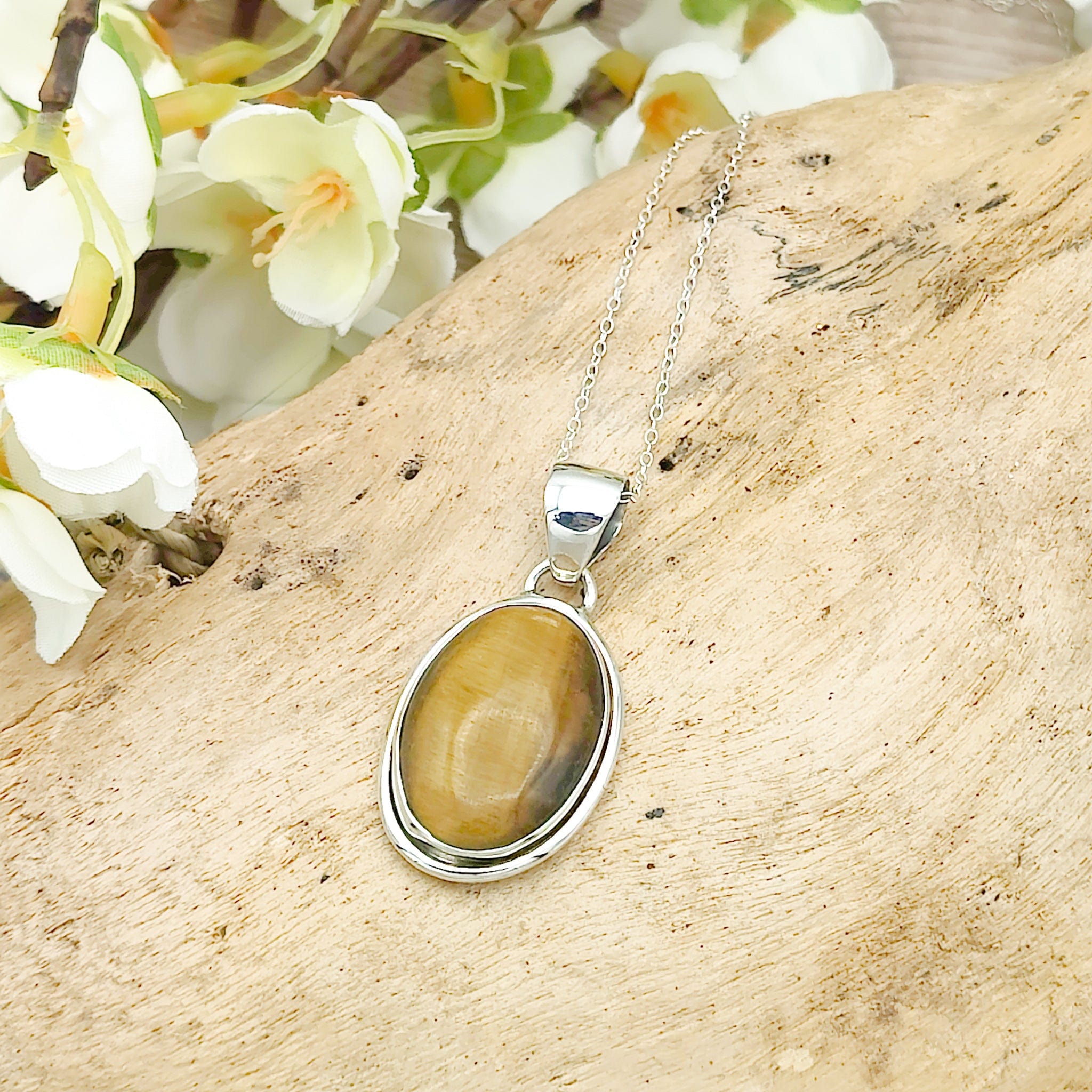 Hepburn and Hughes Tigers Eye Necklace | 27mm Oval Pendant | 3rd Anniversary Gift | Sterling Silver