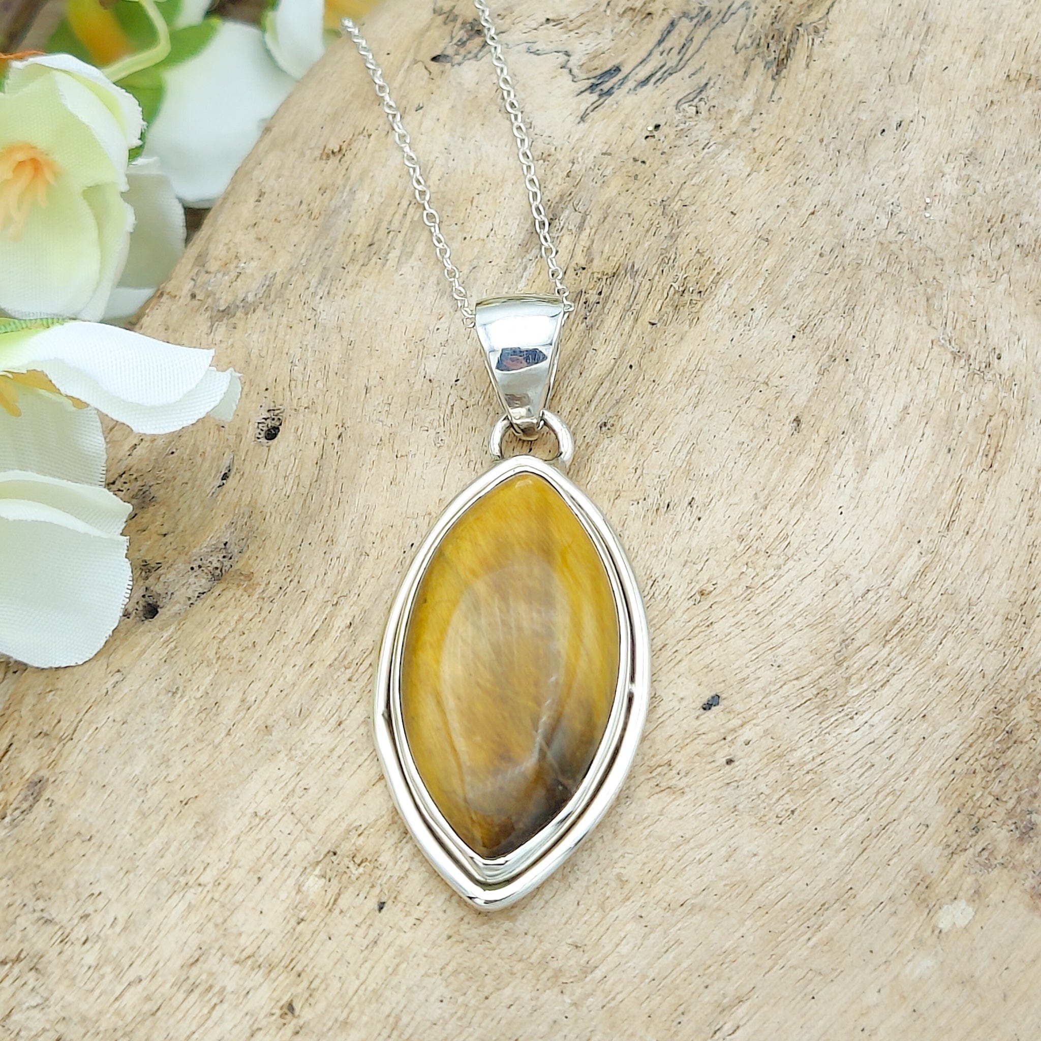 Hepburn and Hughes Tigers Eye Pendant | 40mm Pointed Oval | June Birthstone | Sterling Silver