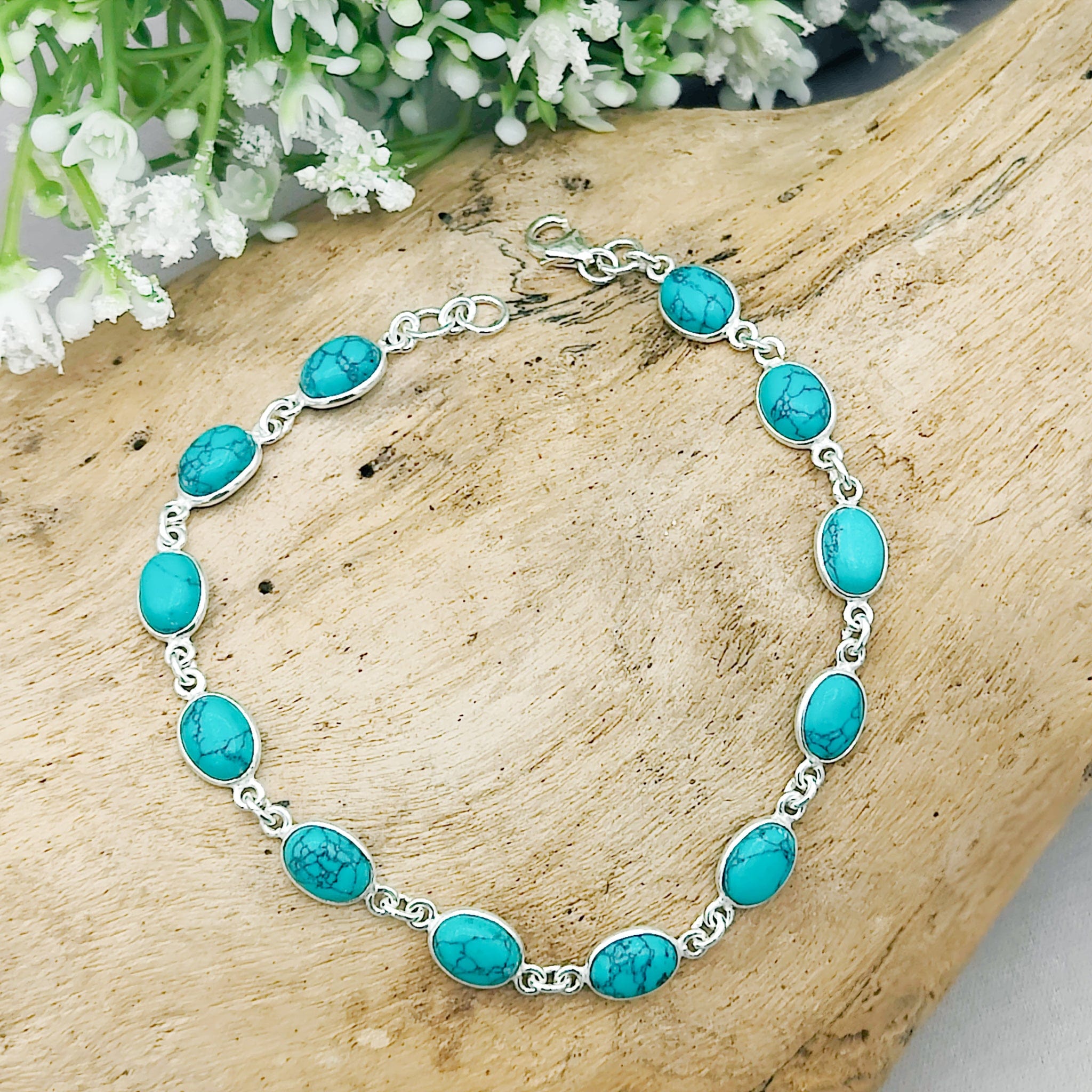 Hepburn and Hughes Turquoise Bracelet | 12 Ovals |  December Birthstone | Sterling Silver