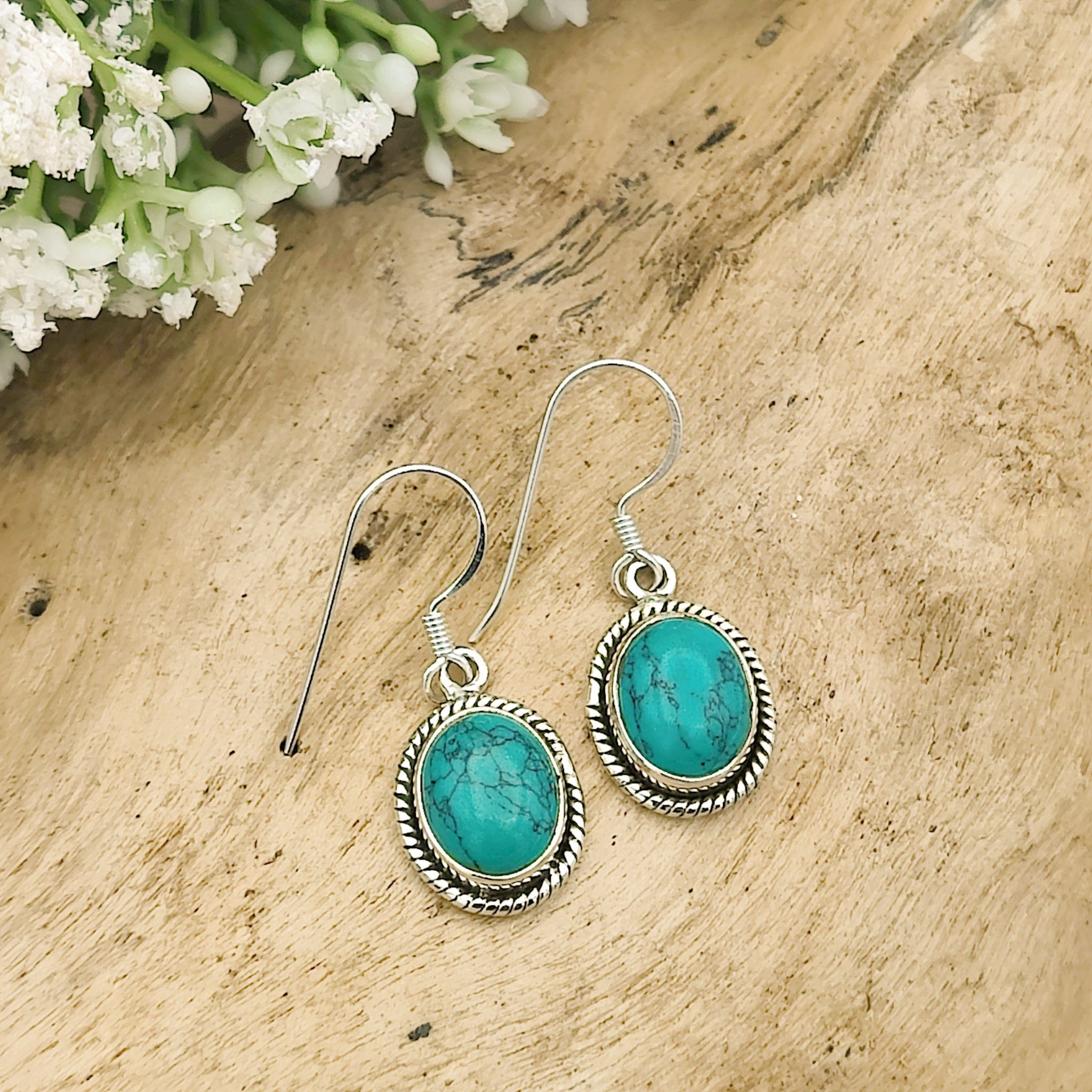 Hepburn and Hughes Turquoise | Drop Earrings | Beaded Oval | Sterling Silver