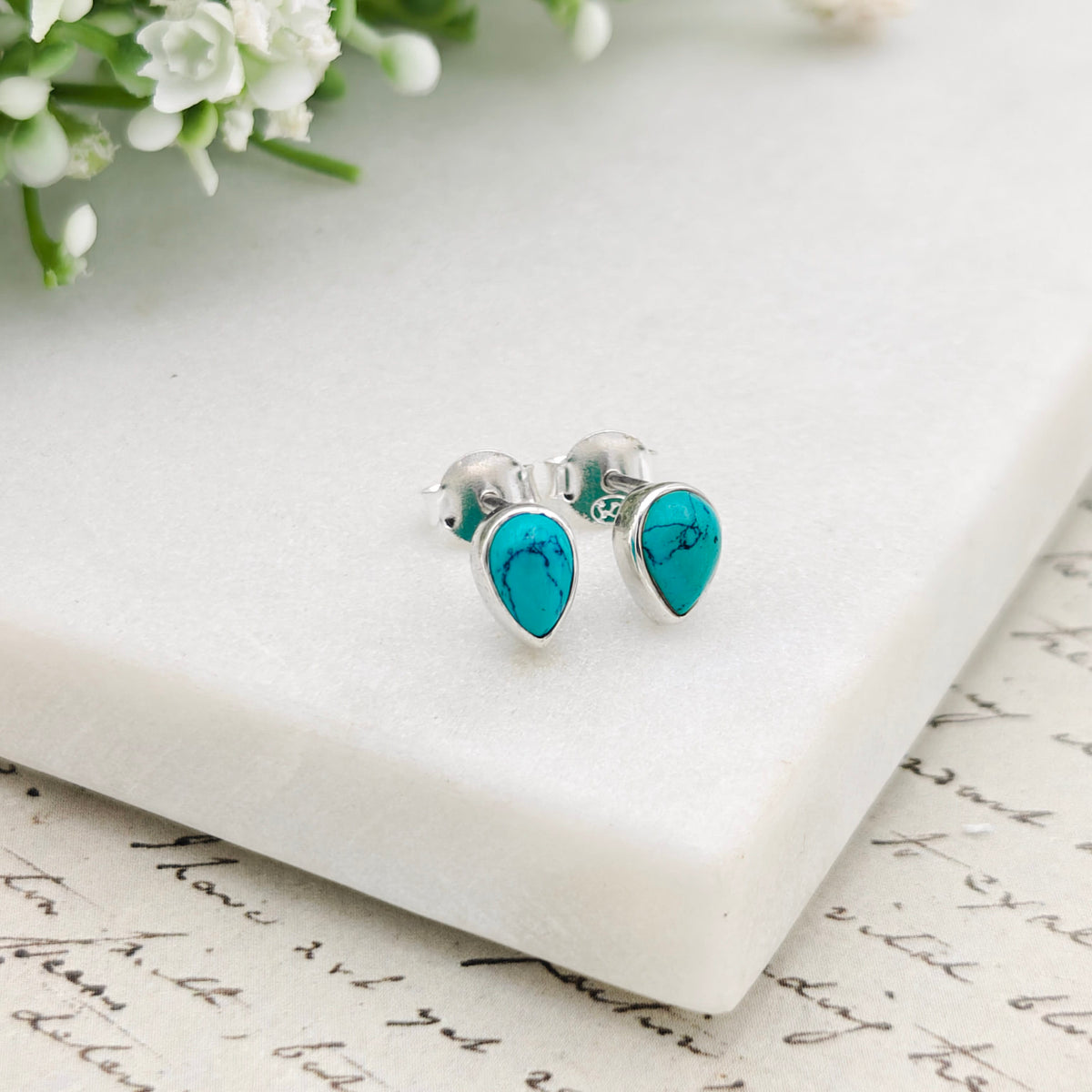 Hepburn and Hughes Turquoise Earrings | 7mm Teardrop Studs |  December Birthstone | Sterling Silver