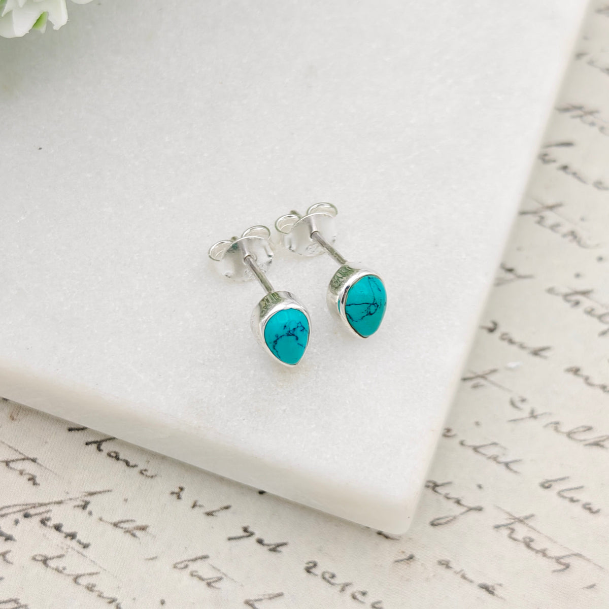 Hepburn and Hughes Turquoise Earrings | 7mm Teardrop Studs |  December Birthstone | Sterling Silver
