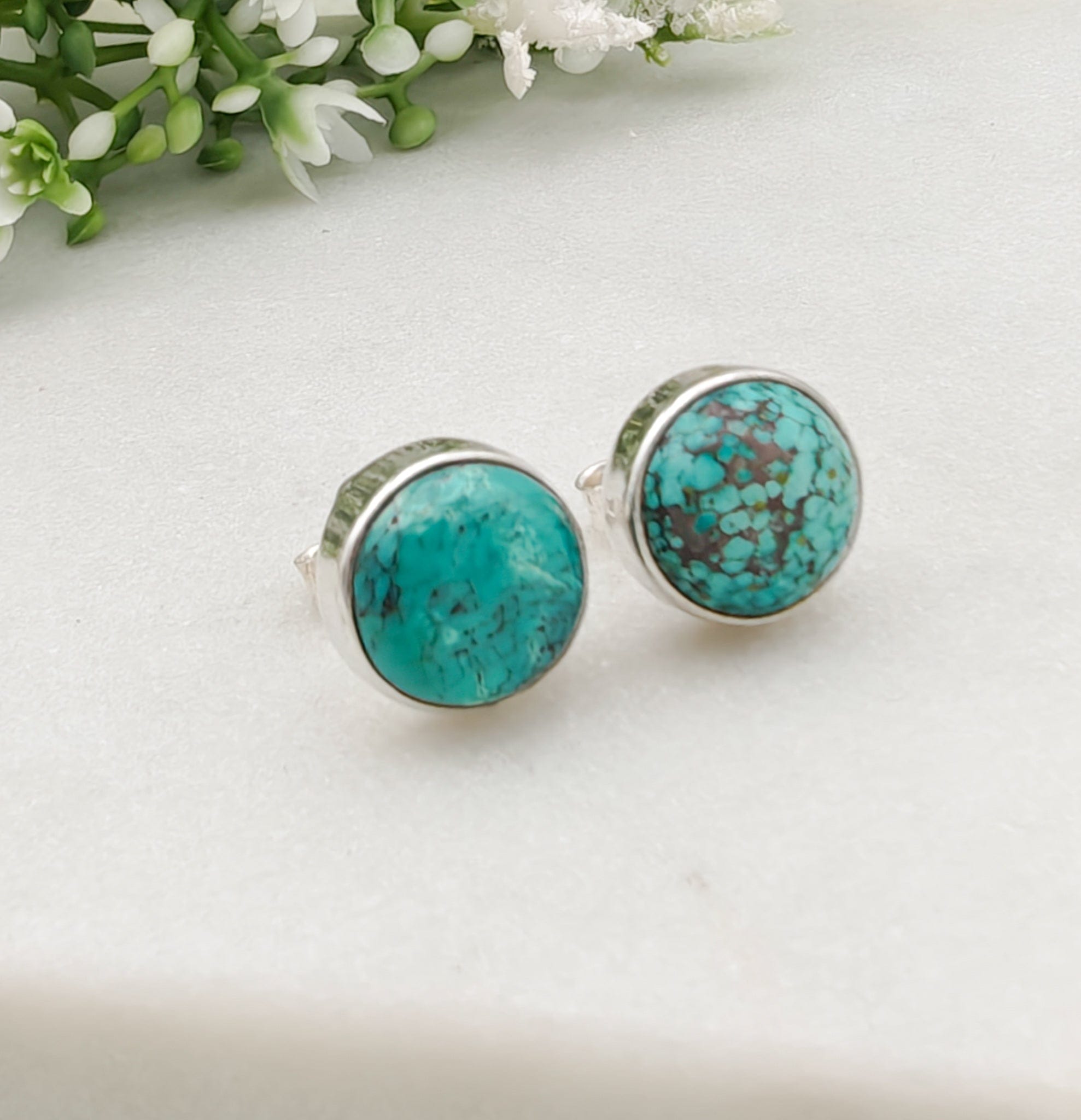 Hepburn and Hughes Turquoise Earrings | Round Stud Earrings | Blue Gemstone | Sterling Silver