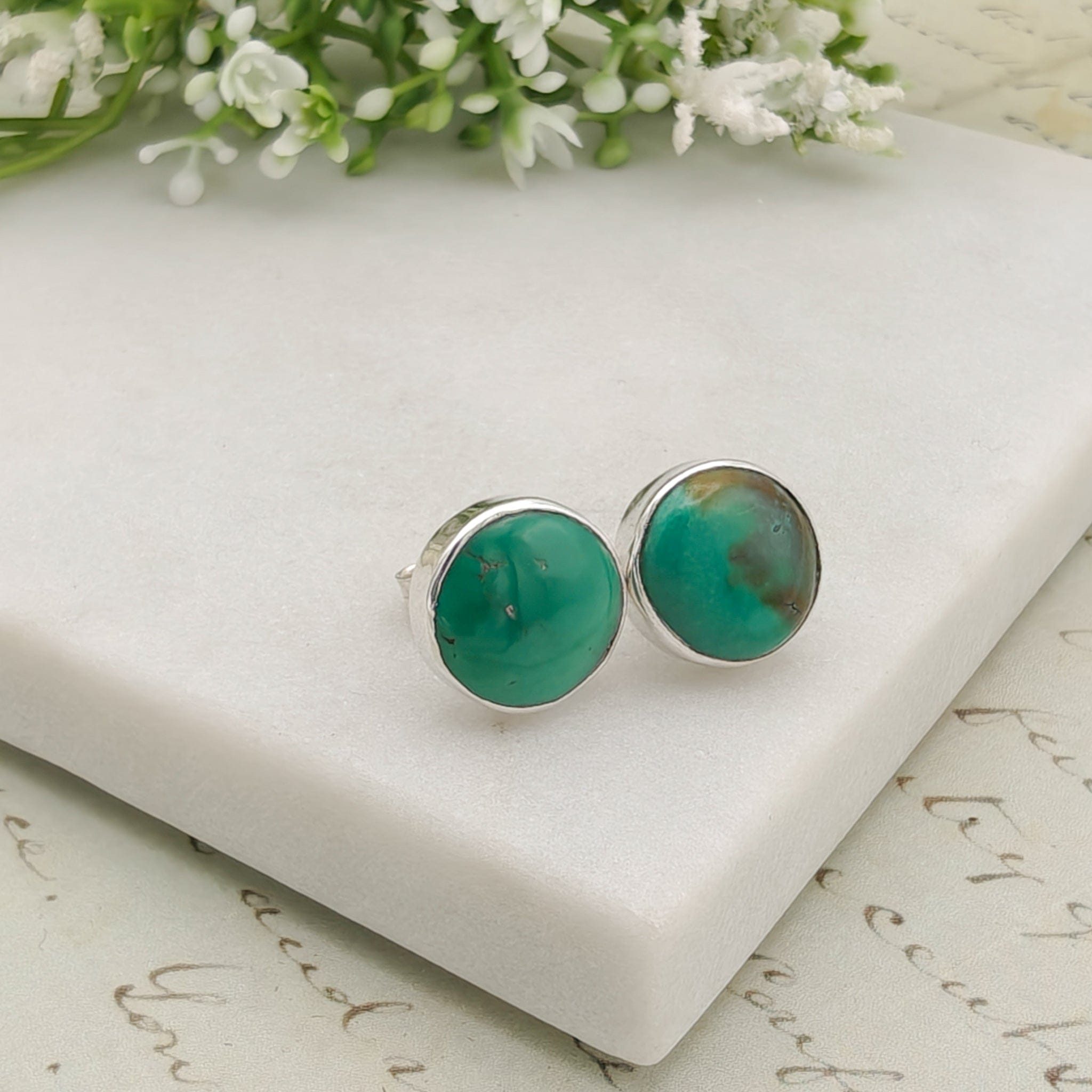 Hepburn and Hughes Turquoise Earrings | Round Stud Earrings | Blue Gemstone | Sterling Silver