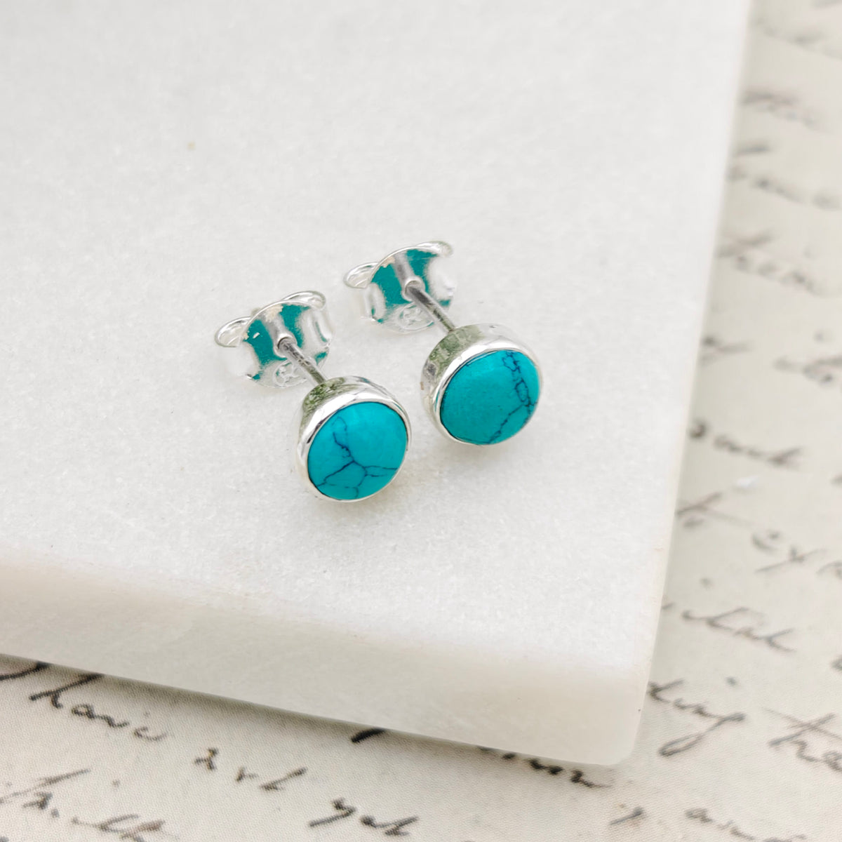 Hepburn and Hughes Turquoise Earrings | Round Stud Earrings | Blue Gemstone | Sterling Silver