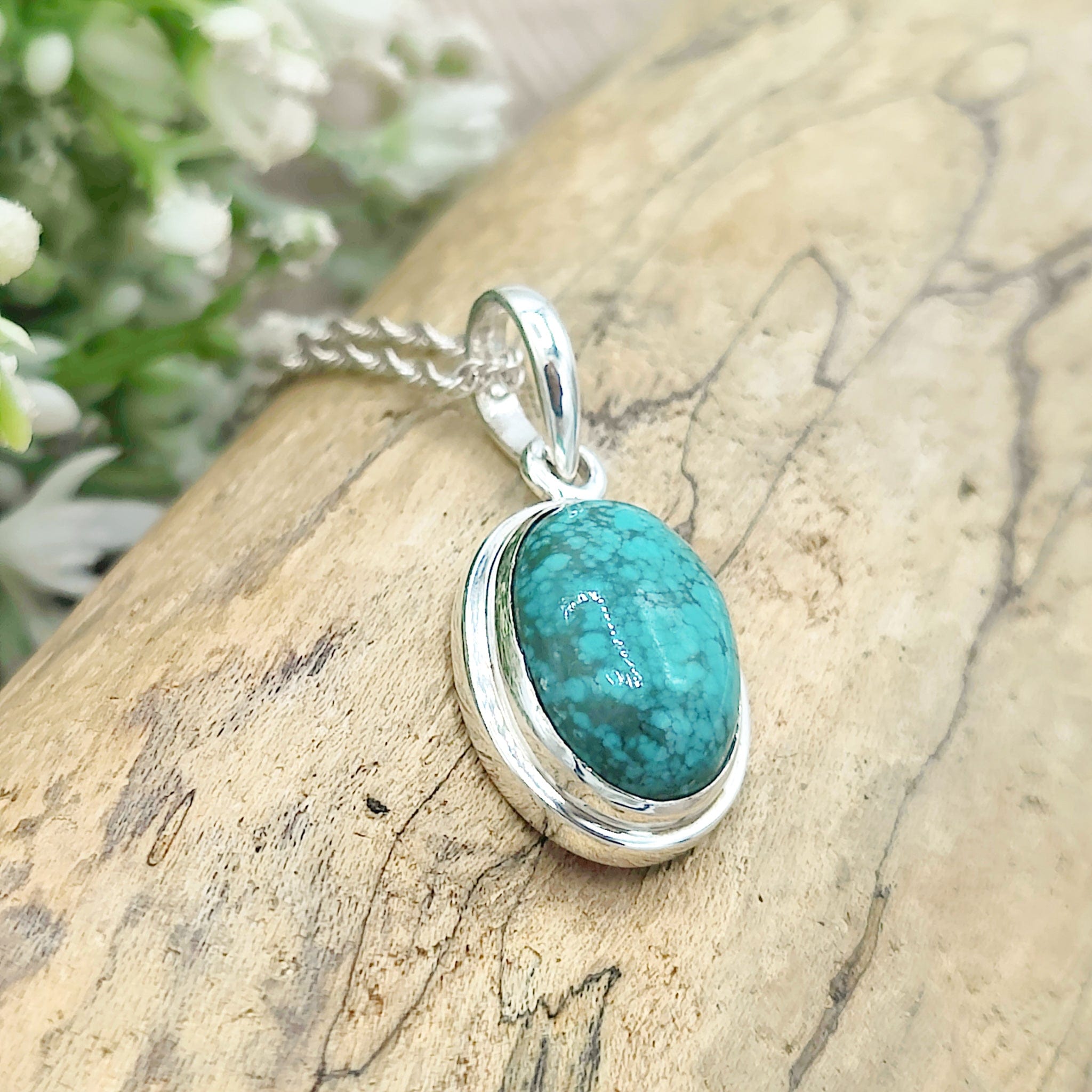 Hepburn and Hughes Turquoise Gemstone Pendant | Oval Birthstone Necklace | Sterling Silver