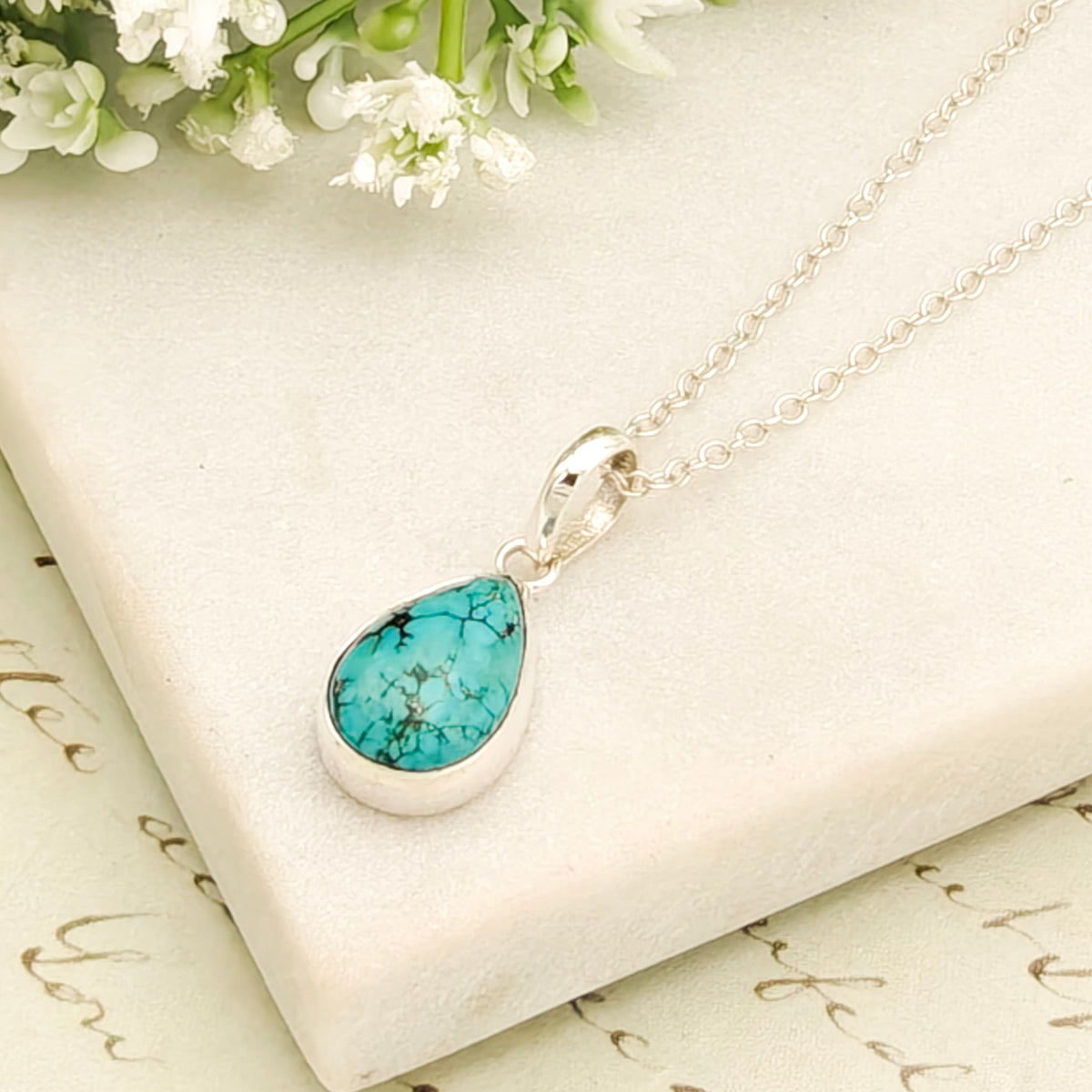 Hepburn and Hughes Turquoise Pendant | 15mm Teardrop | Birthstone Gift | Sterling Silver