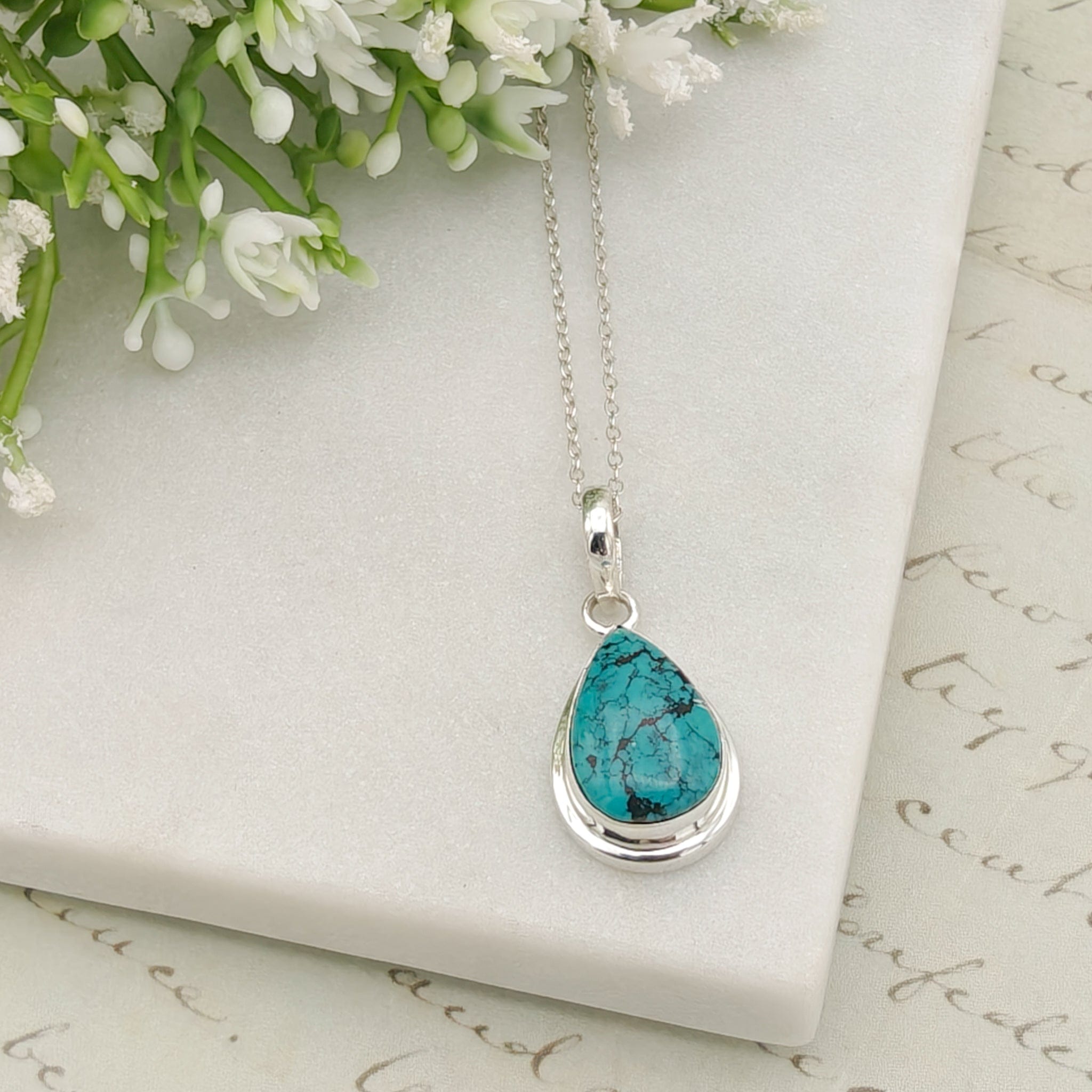 Turquoise Pendant | 15mm Teardrop | Birthstone Gift | Sterling