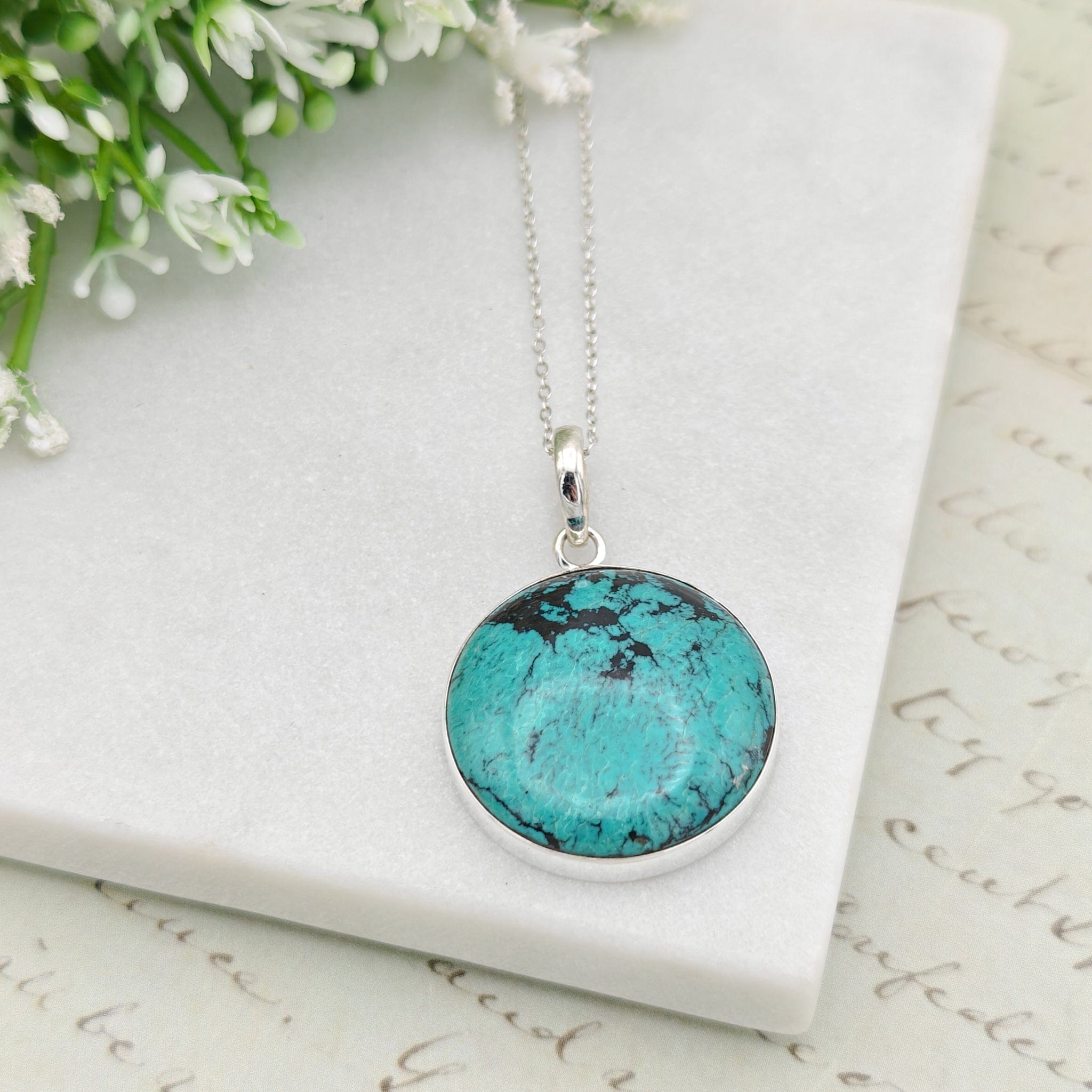 Hepburn and Hughes Turquoise Pendant | 30mm Circle | December birthstone | Sterling Silver