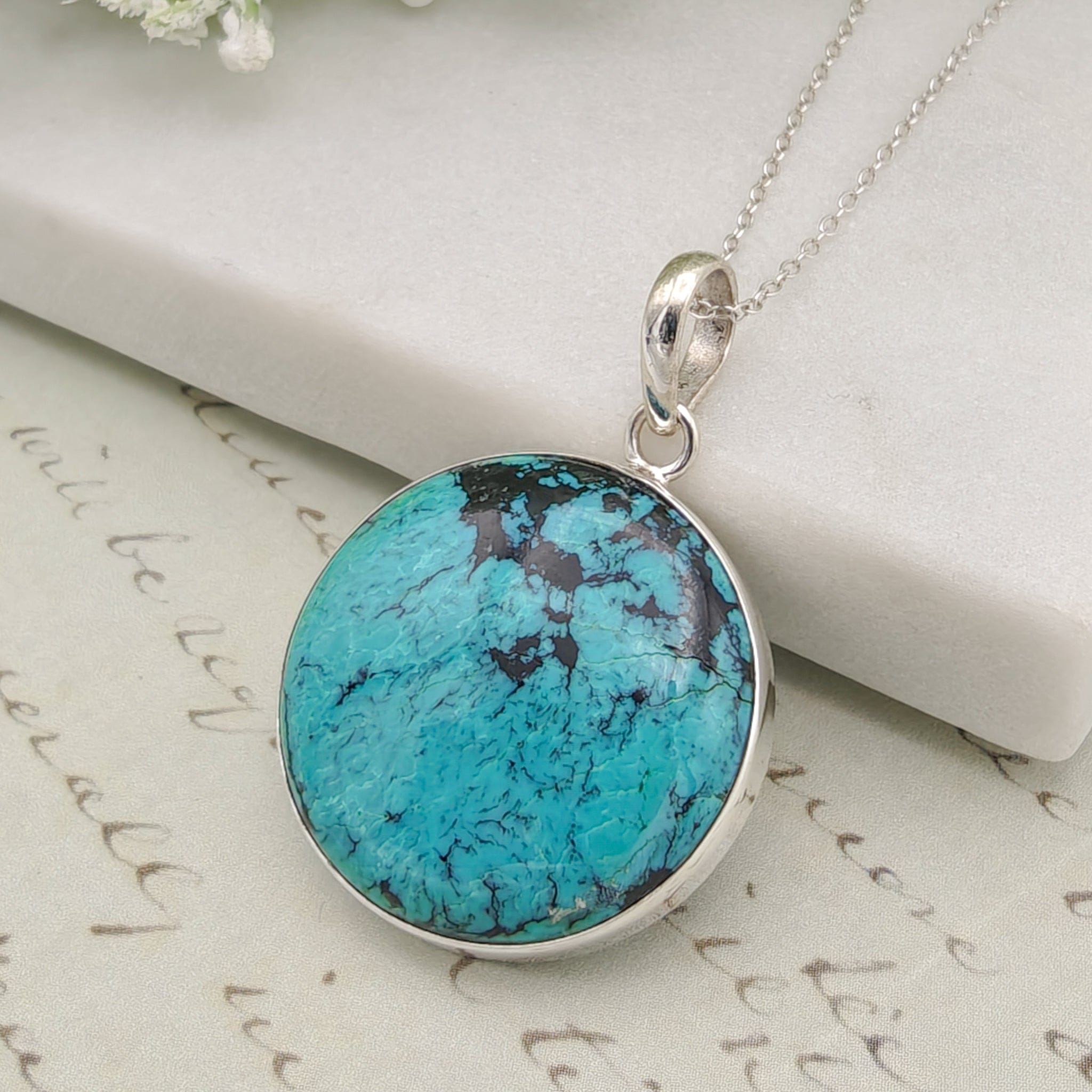 Hepburn and Hughes Turquoise Pendant | 30mm Circle | December birthstone | Sterling Silver