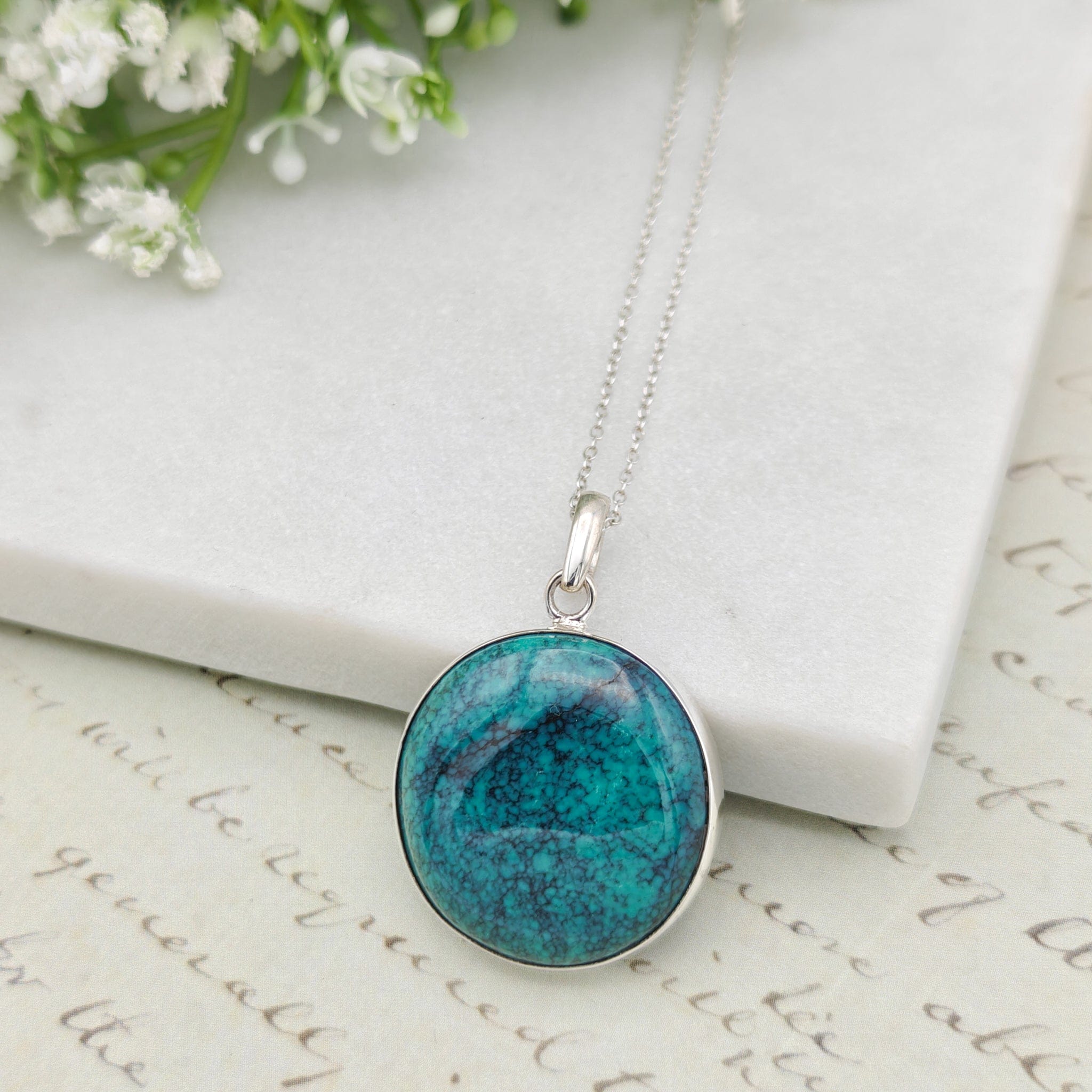 Hepburn and Hughes Turquoise Pendant | 30mm Circle | December birthstone | Sterling Silver