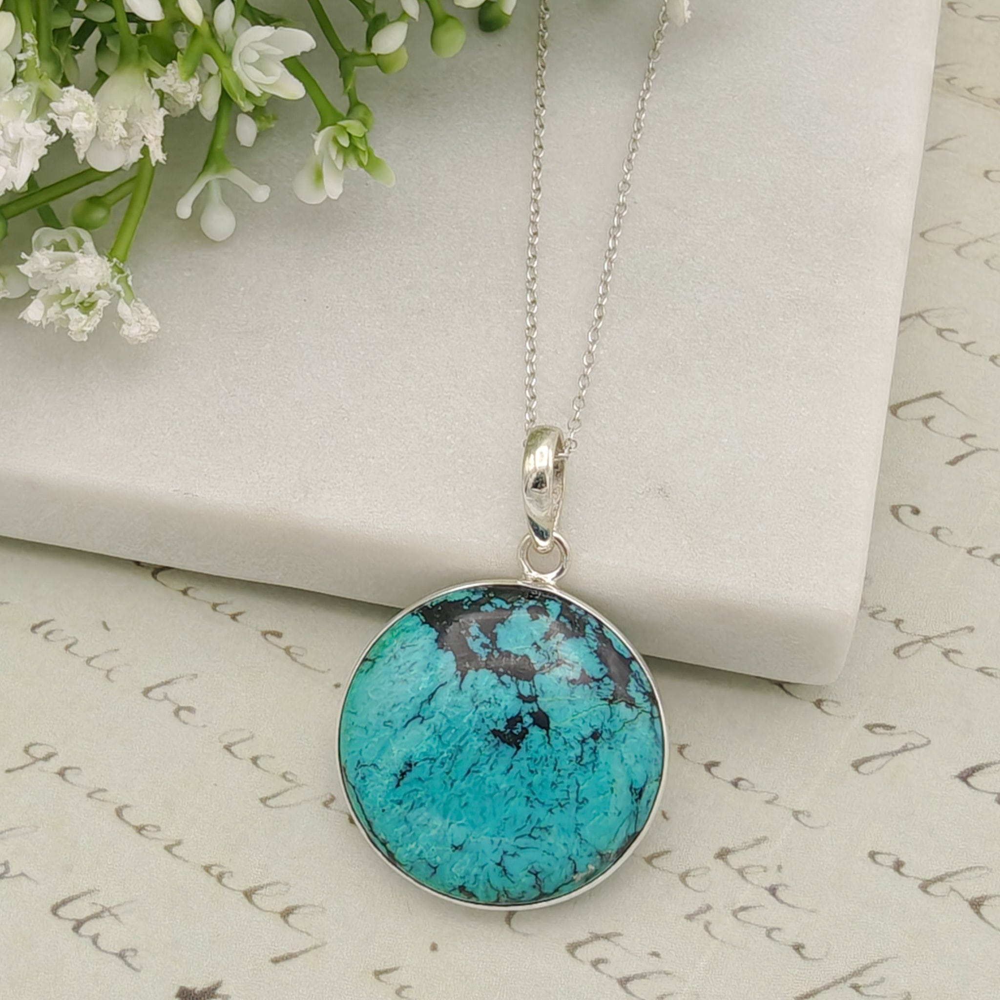 Hepburn and Hughes Turquoise Pendant | 30mm Circle | December birthstone | Sterling Silver