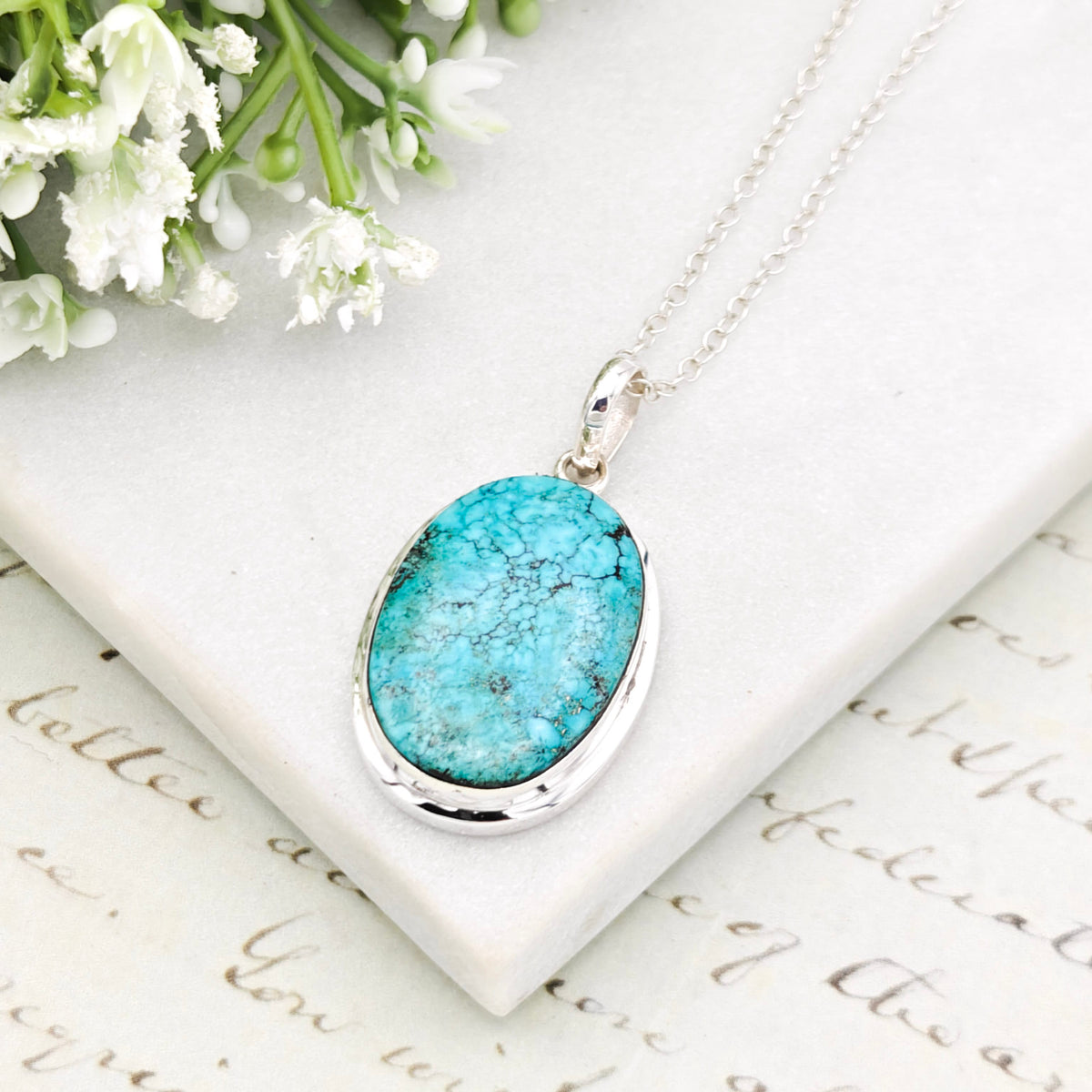 Hepburn and Hughes Turquoise Pendant in Sterling Silver | 25mm Blue Gemstone | 11th Anniversary