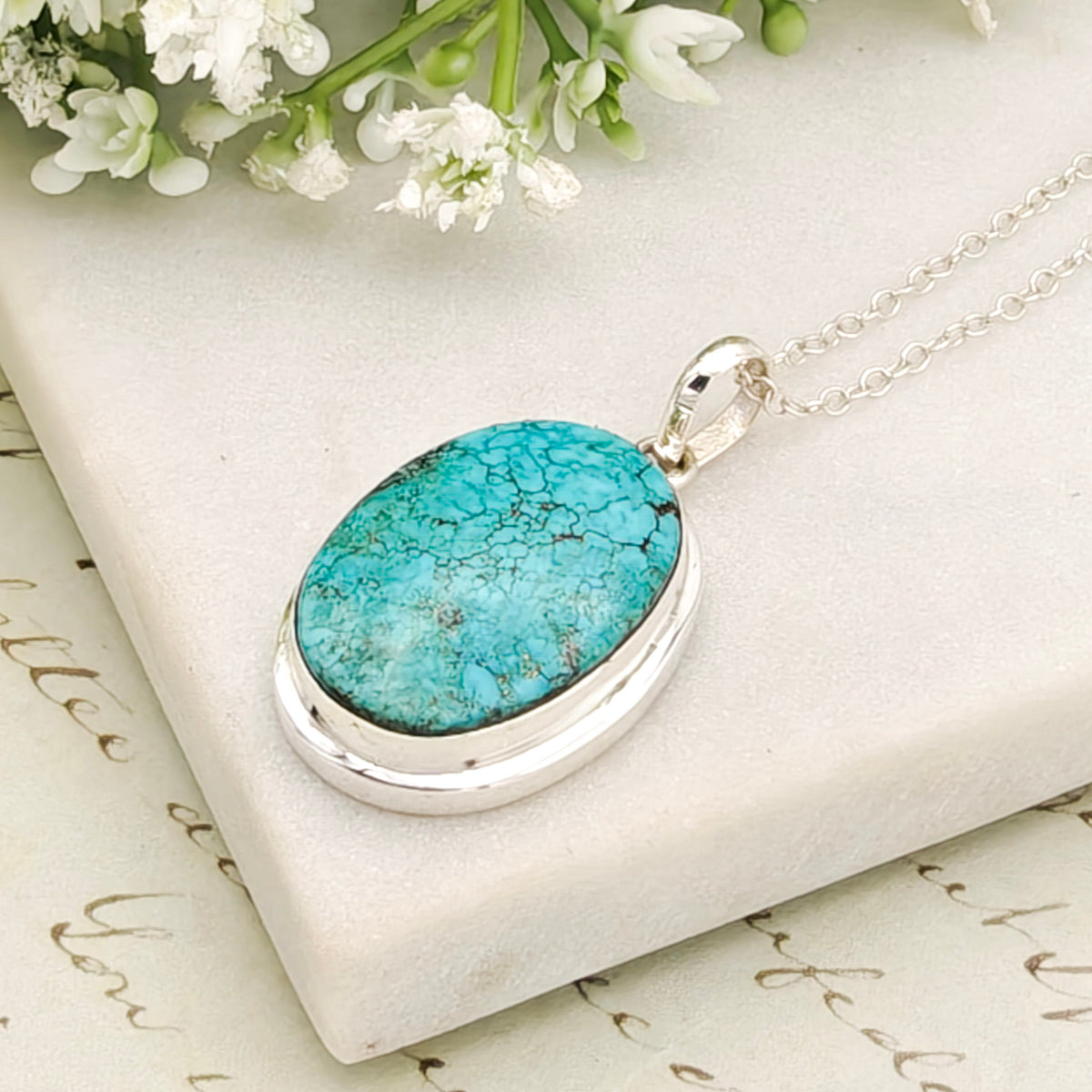 Hepburn and Hughes Turquoise Pendant in Sterling Silver | 25mm Blue Gemstone | 11th Anniversary