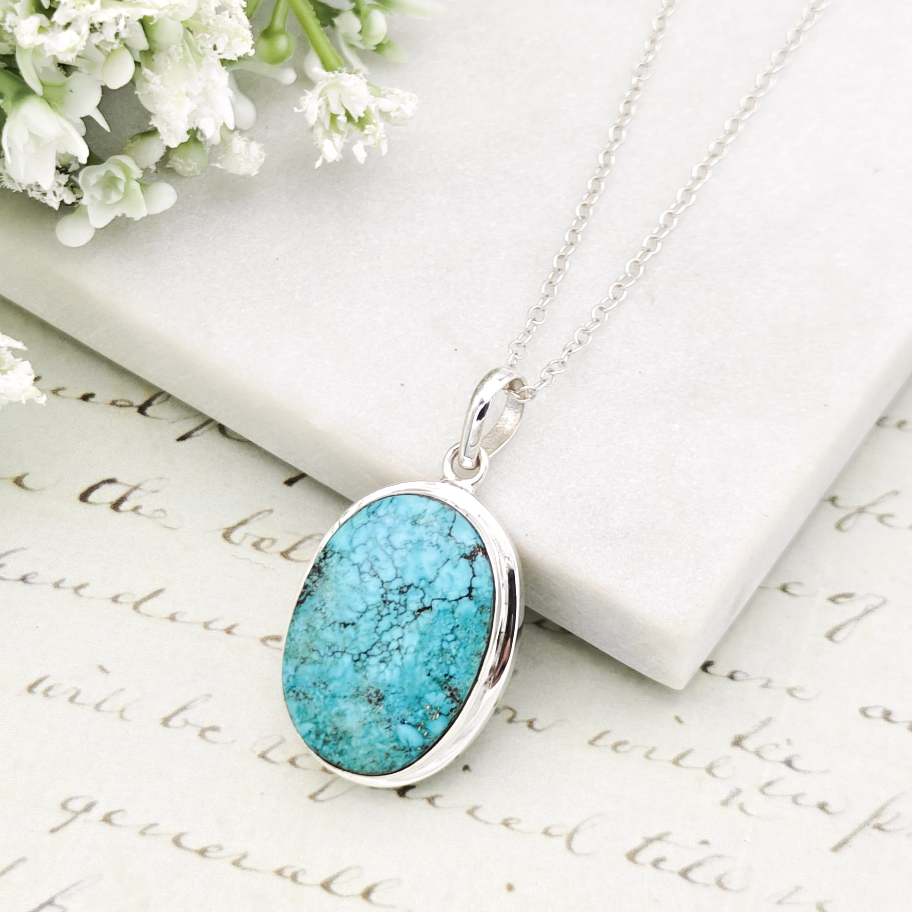 Turquoise Pendant in Sterling Silver | 25mm Blue Gemstone | 11th