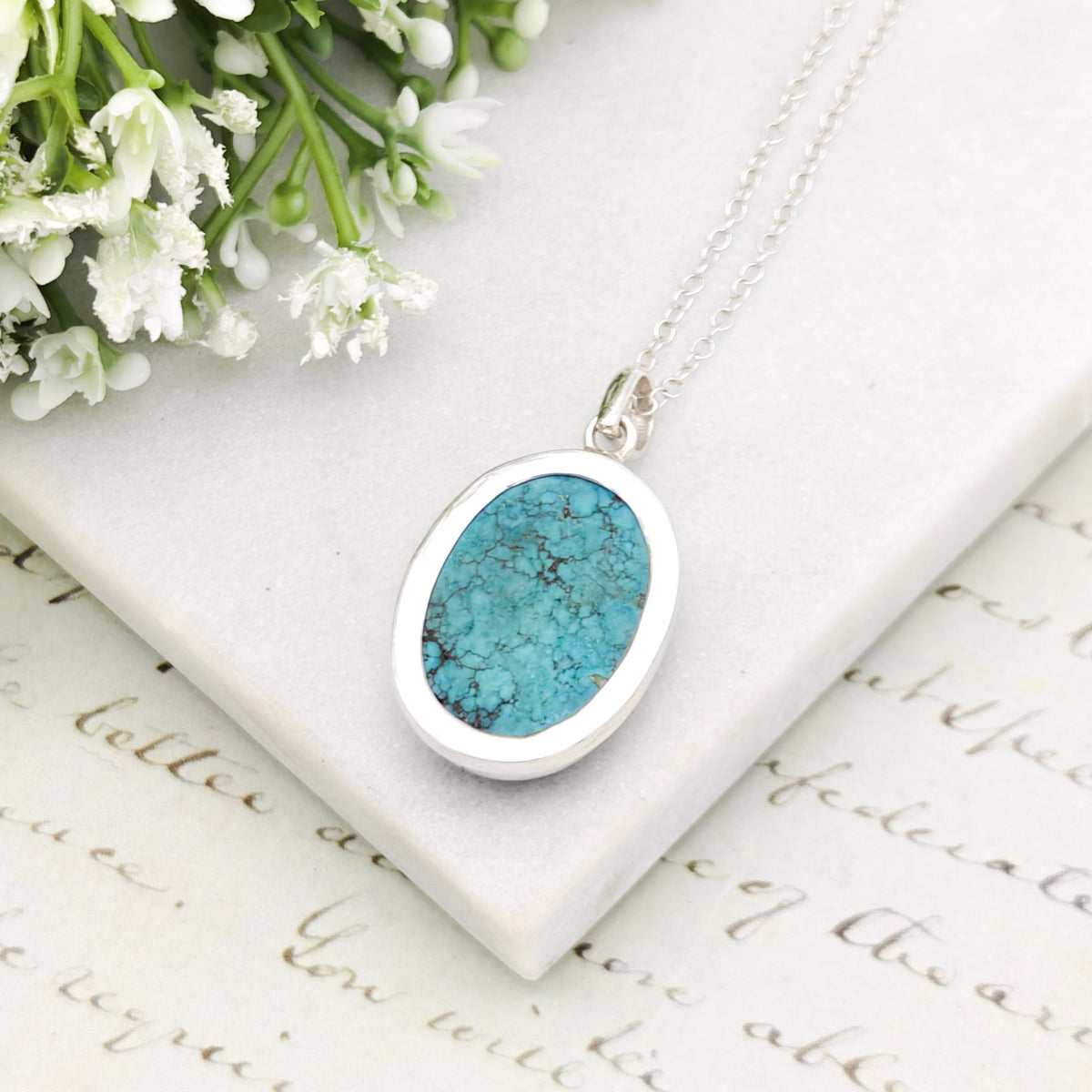 Hepburn and Hughes Turquoise Pendant in Sterling Silver | 25mm Blue Gemstone | 11th Anniversary